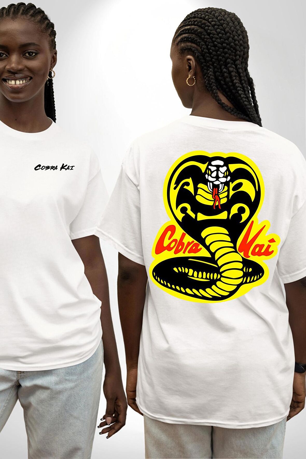 Cobra Kai Karete Çocuk Yılan Logo Dizi Beyaz Oversize Kadın Erkek Ön ve Sırt Baskılı Tişört