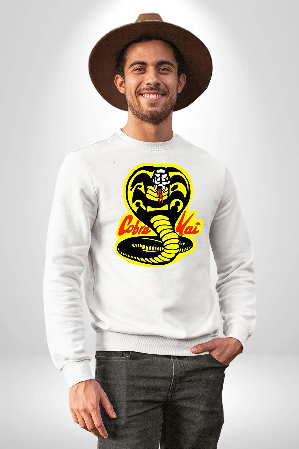 Cobra Kai Karete Çocuk Yılan Logo Dizi Kadın Erkek Beyaz Sweatshirt 