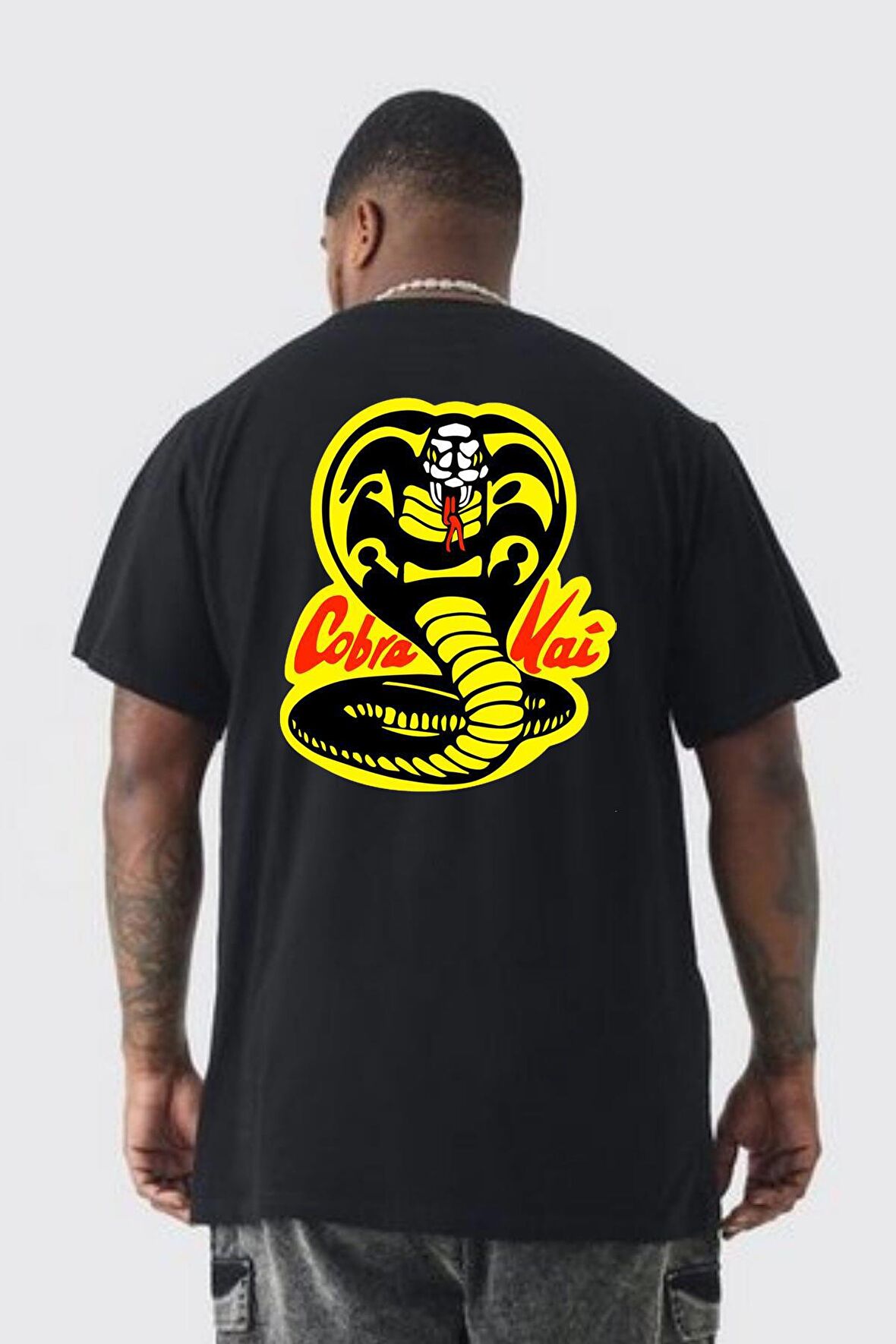 Cobra Kai Karete Çocuk Yılan Logo Dizi Büyük Beden Siyah Tişört Kadın Erkek Ünisex Sırt Baskılı