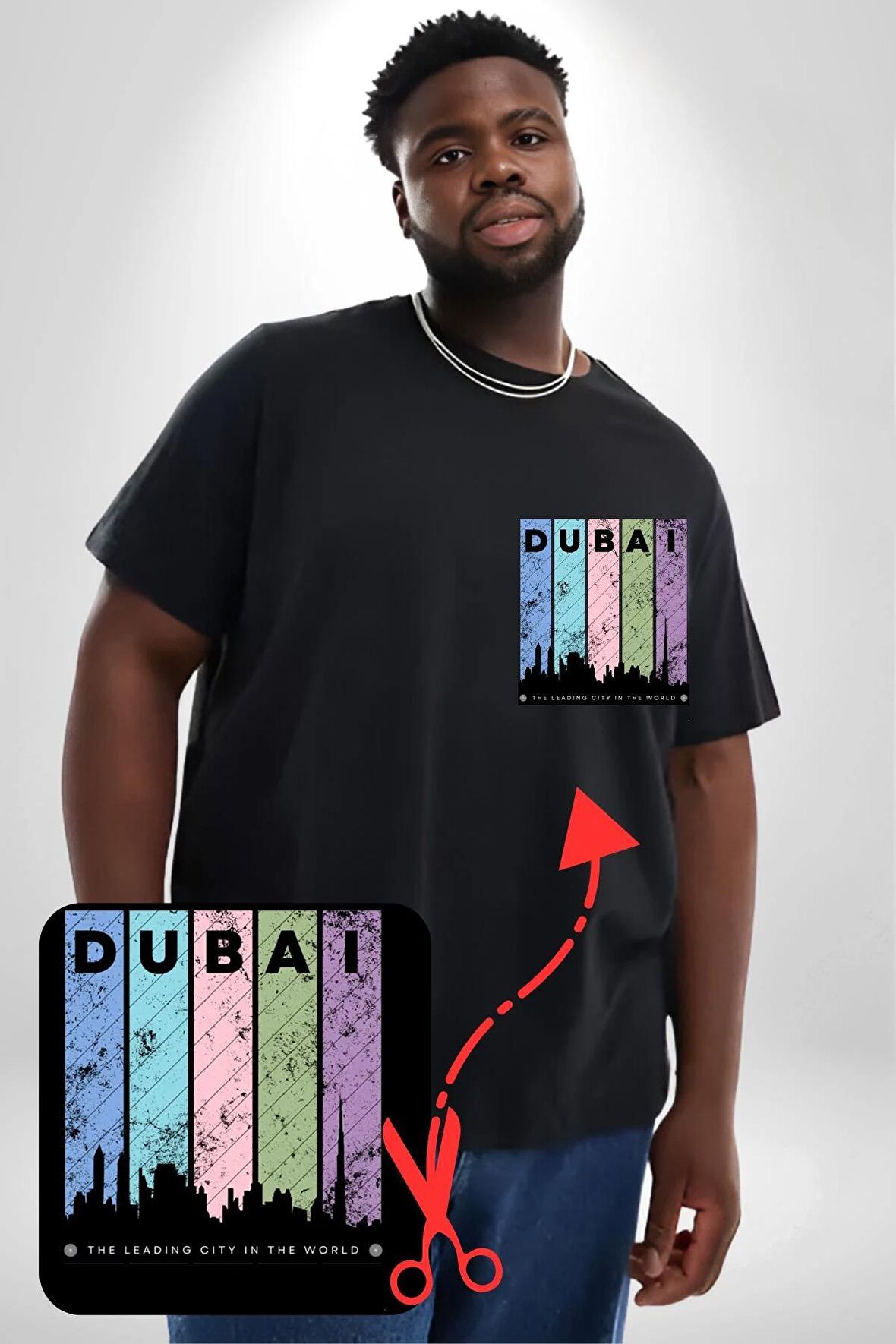 Dubai Şehir Silüeti Renkli Şehir Siyah Büyük Beden Kadın Basic Minimal Baskılı Tişört