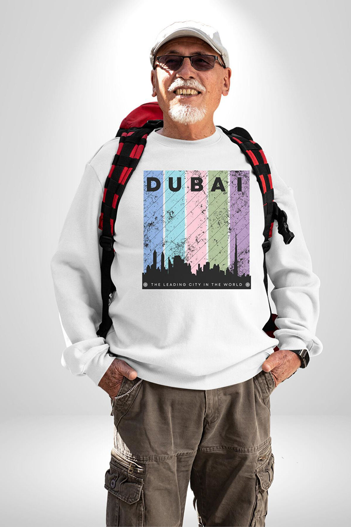 Dubai Şehir Silüeti Renkli Şehir Kadın Erkek Beyaz Sweatshirt 
