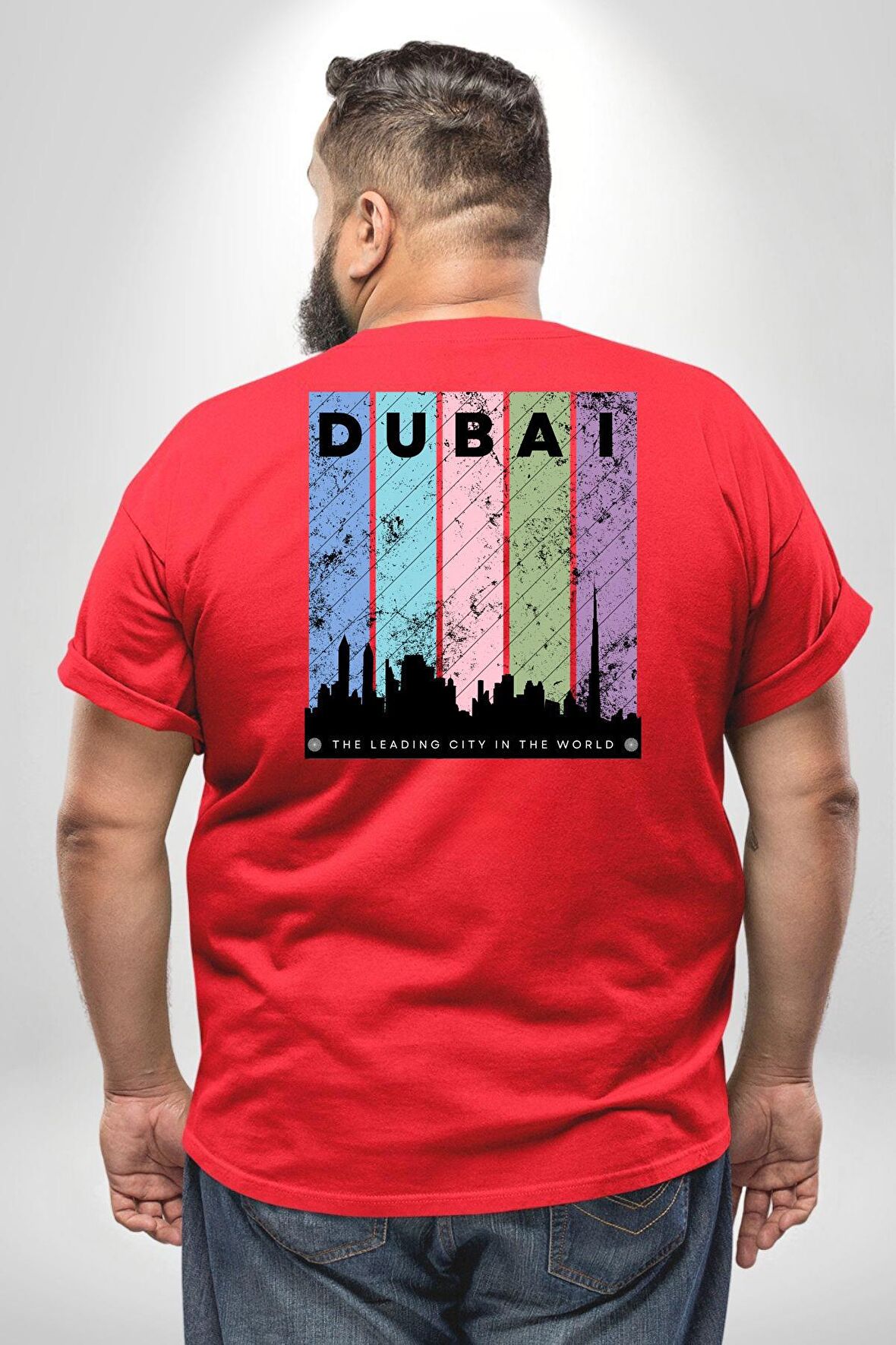 Dubai Şehir Silüeti Renkli Şehir Büyük Beden Kırmızı Tişört Kadın Erkek Ünisex Sırt Baskılı