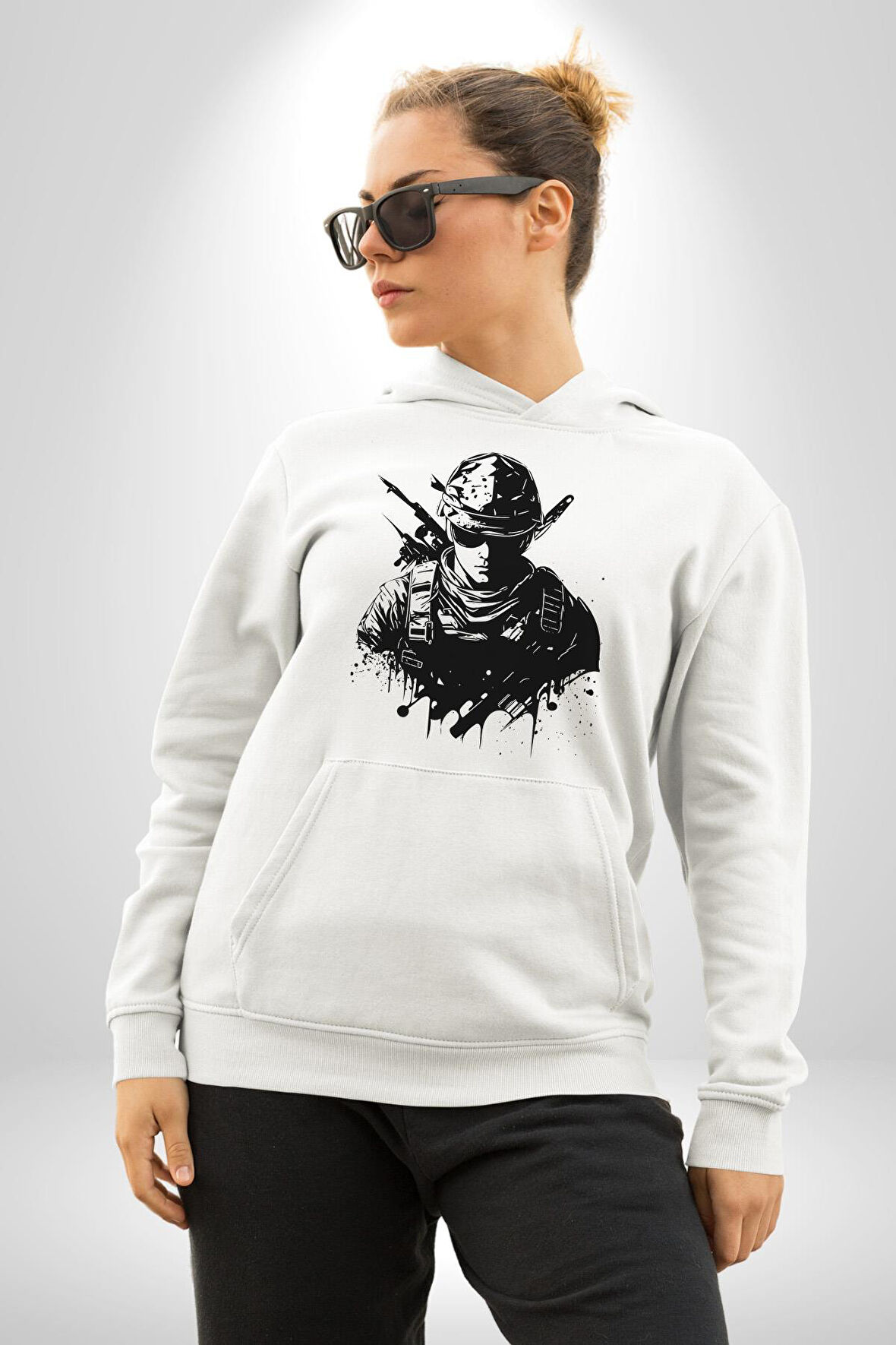 Asker Counter Terrorist 2 Online Oyun Silüeti Kadın Erkek  Beyaz Kapüşonlu Sweatshirt Hoodie