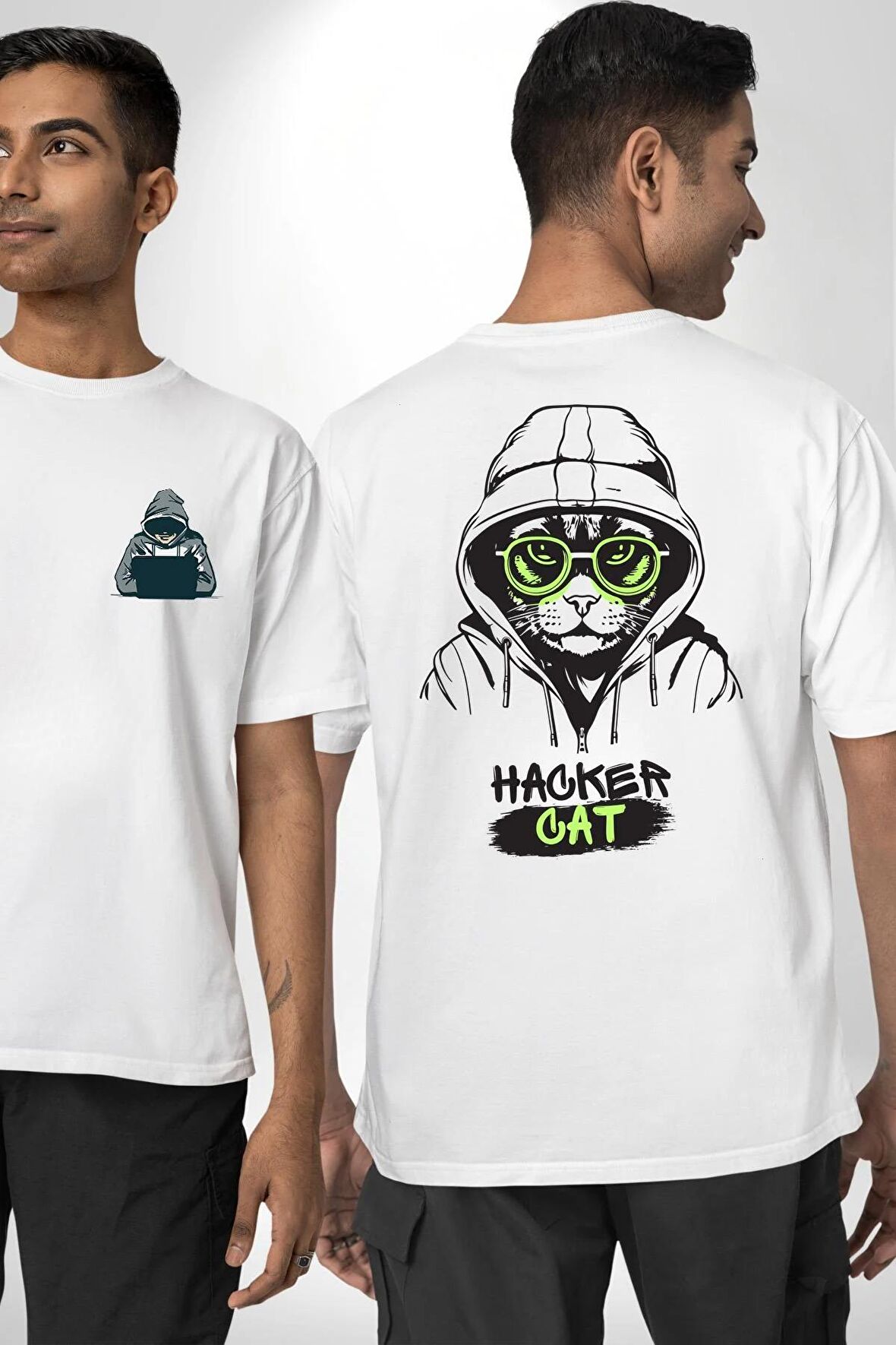 Hacker Kedi Bilgisayar Korsanı Yeşil Gözlük Beyaz Oversize Kadın Erkek Ön ve Sırt Baskılı Tişört