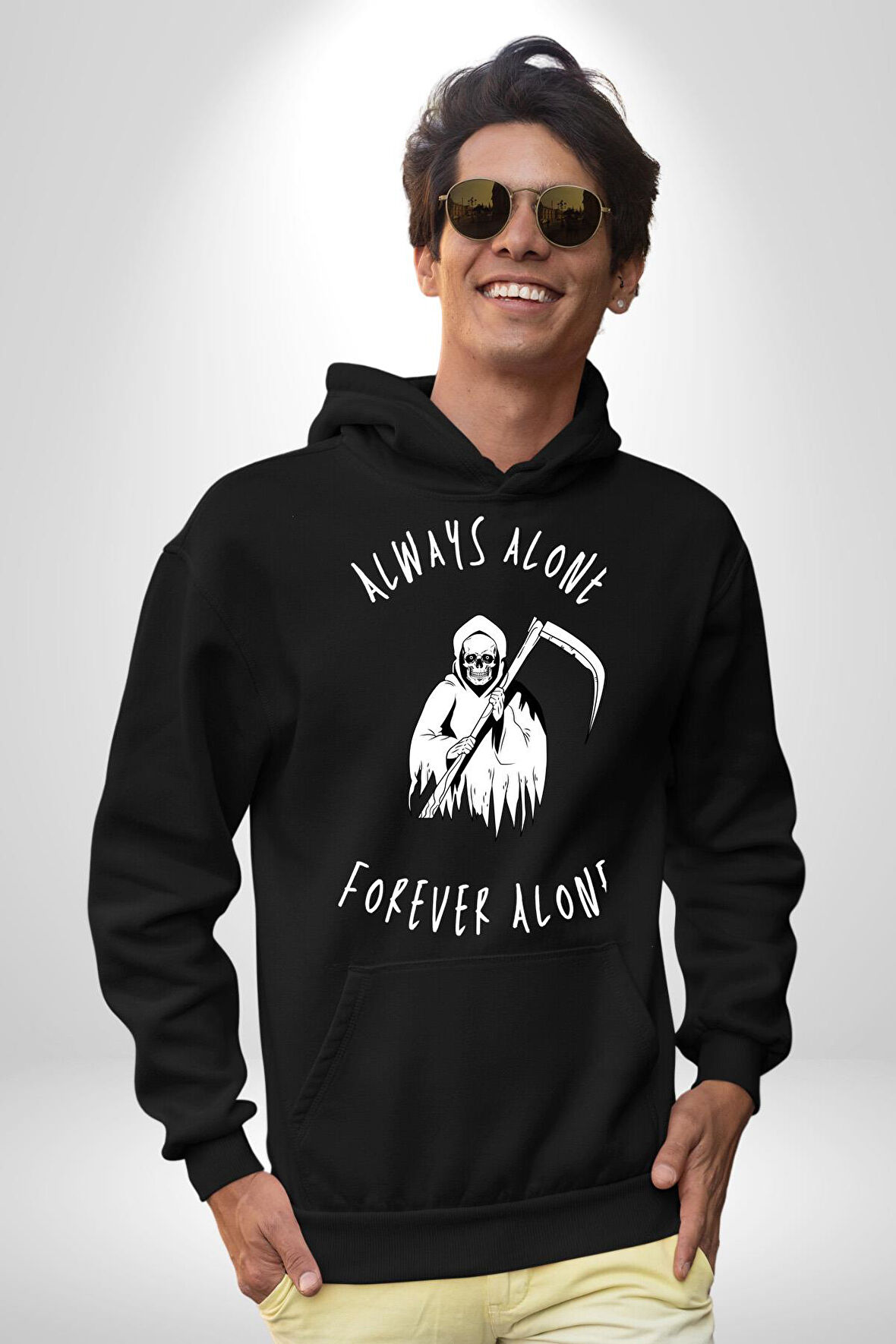 Her Zaman Yalnız Daima Yalnızlık Azrail Kadın Erkek  Siyah Kapüşonlu Sweatshirt Hoodie
