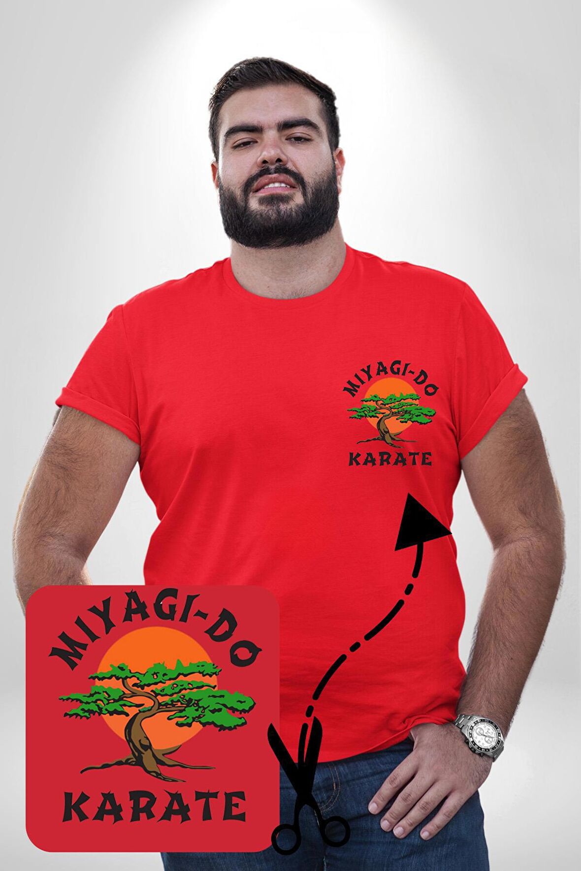 Miyagi-Do Karete Çocuk Logo Dizi Bonzai Ağaç Kırmızı Büyük Beden Kadın Basic Minimal Baskılı Tişört
