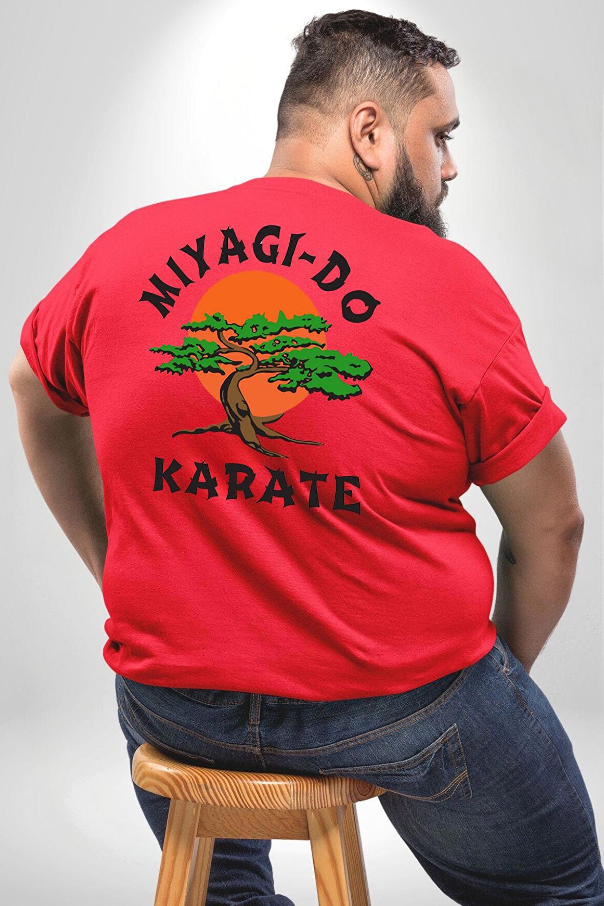 Miyagi-Do Karete Çocuk Logo Dizi Bonzai Ağaç Büyük Beden Kırmızı Tişört Kadın Erkek Ünisex Sırt Baskılı