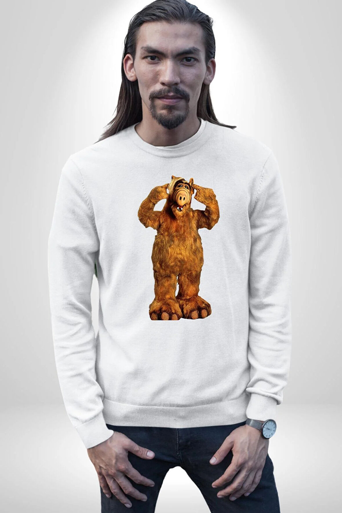 Alf Uzaylı Canavar Dizi Kahramanı  Kadın Erkek Beyaz Sweatshirt 