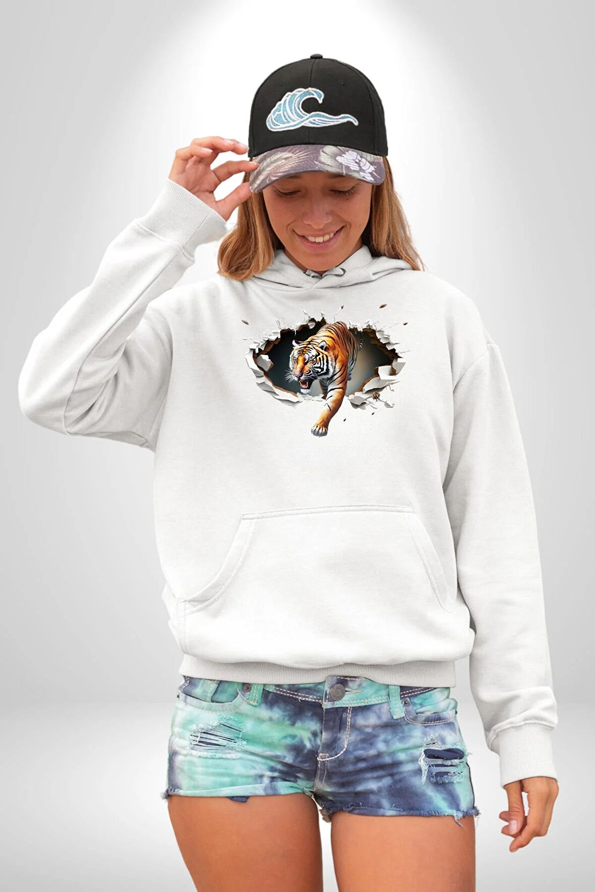 Kırık Duvar Kaplan Kadın Erkek  Beyaz Kapüşonlu Sweatshirt Hoodie