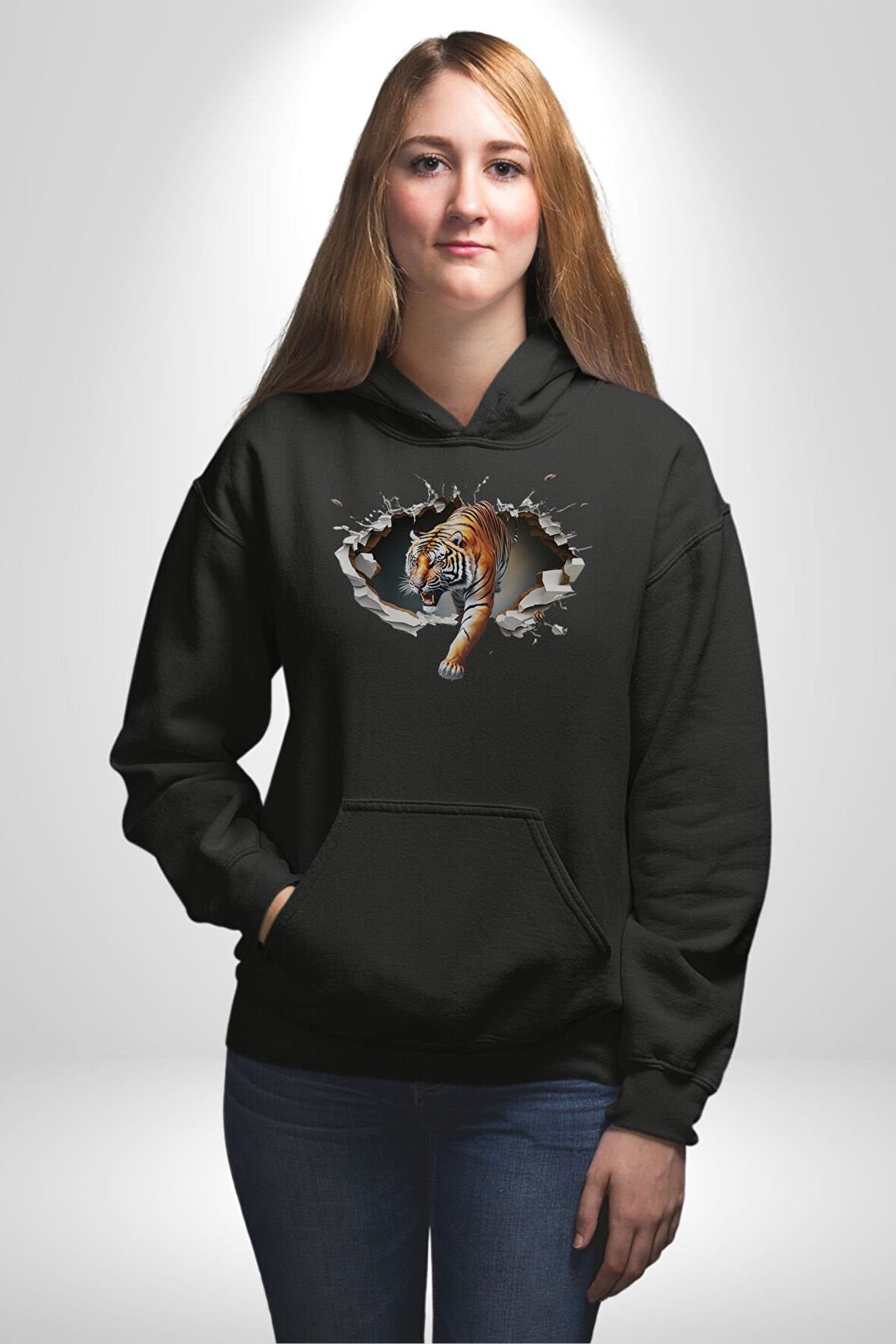 Kırık Duvar Kaplan Kadın Erkek  Siyah Kapüşonlu Sweatshirt Hoodie
