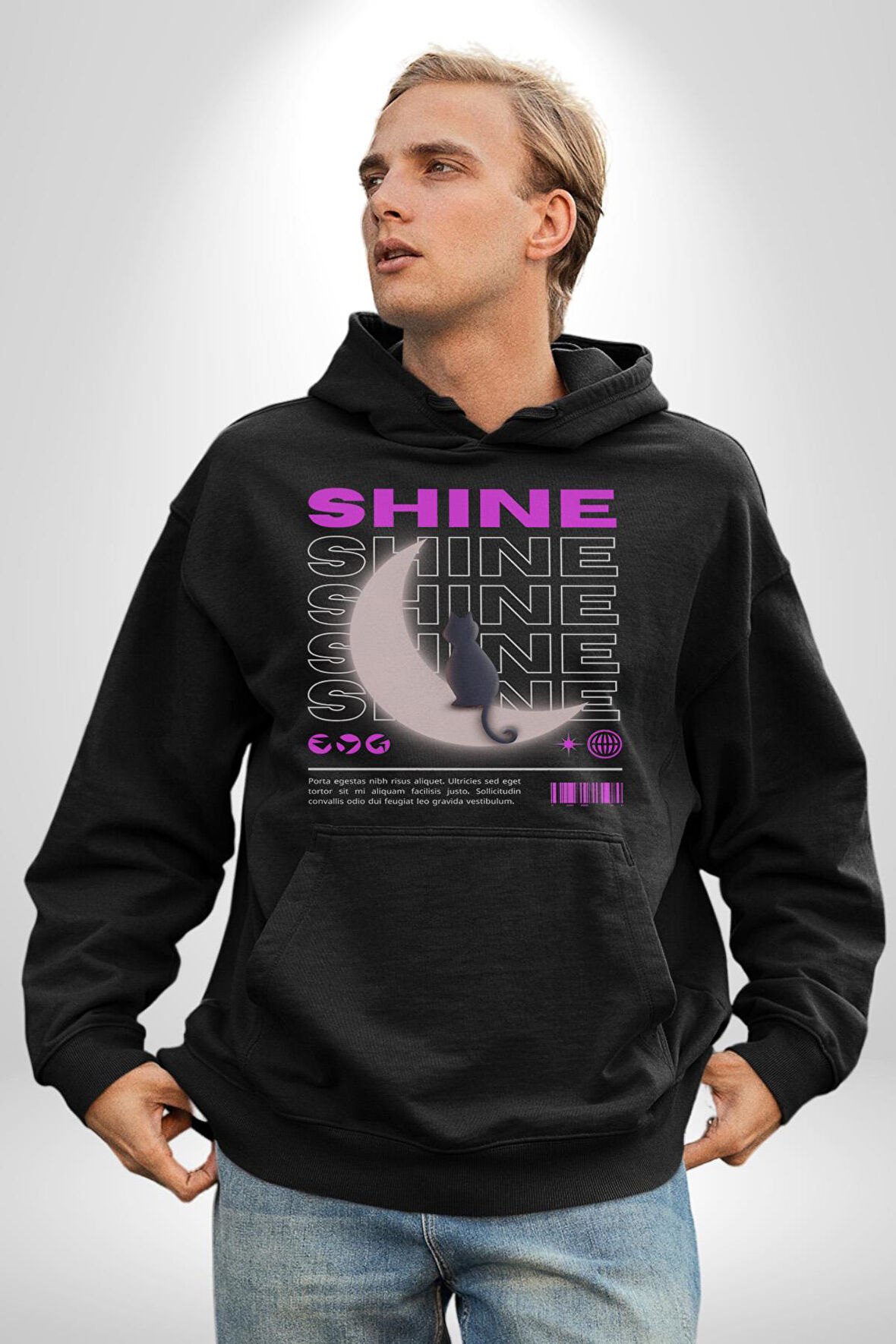 Parlayan Siyah Kedi Kadın Erkek  Siyah Kapüşonlu Sweatshirt Hoodie