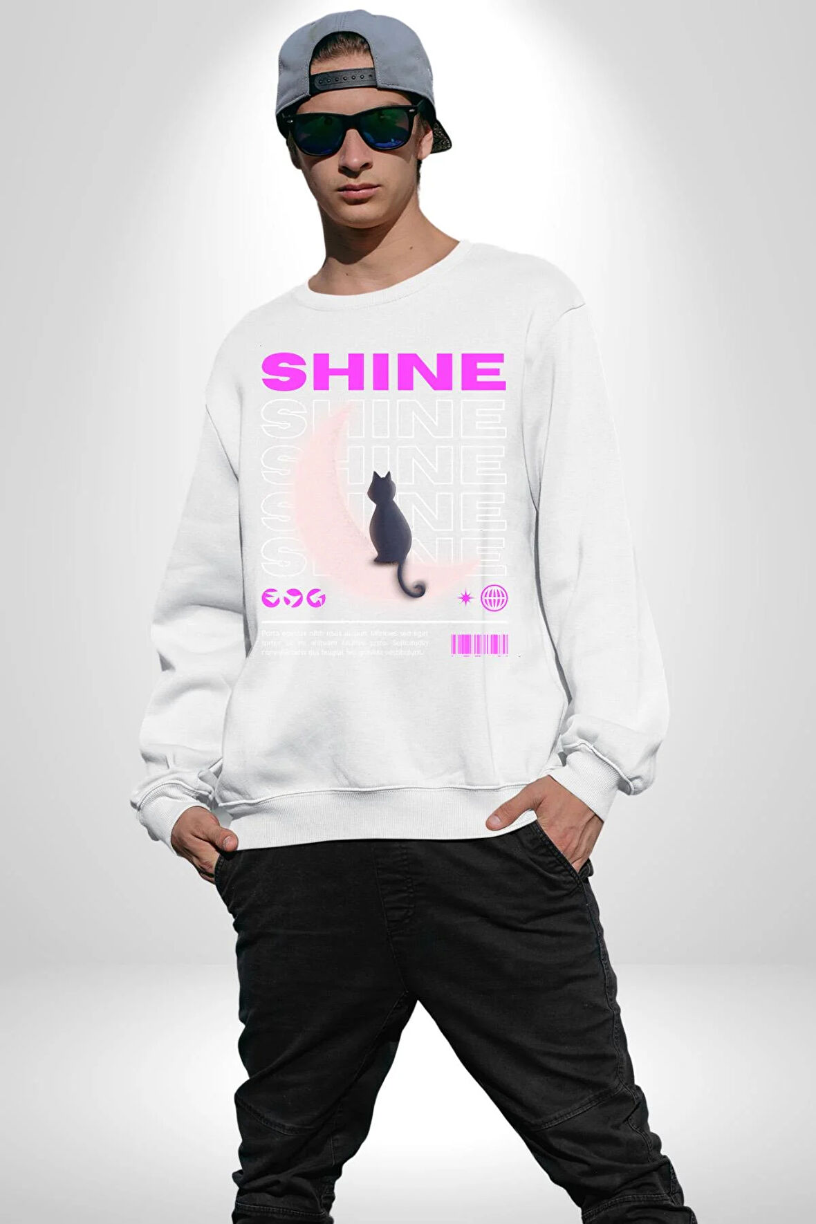 Parlayan Siyah Kedi Kadın Erkek Beyaz Sweatshirt 