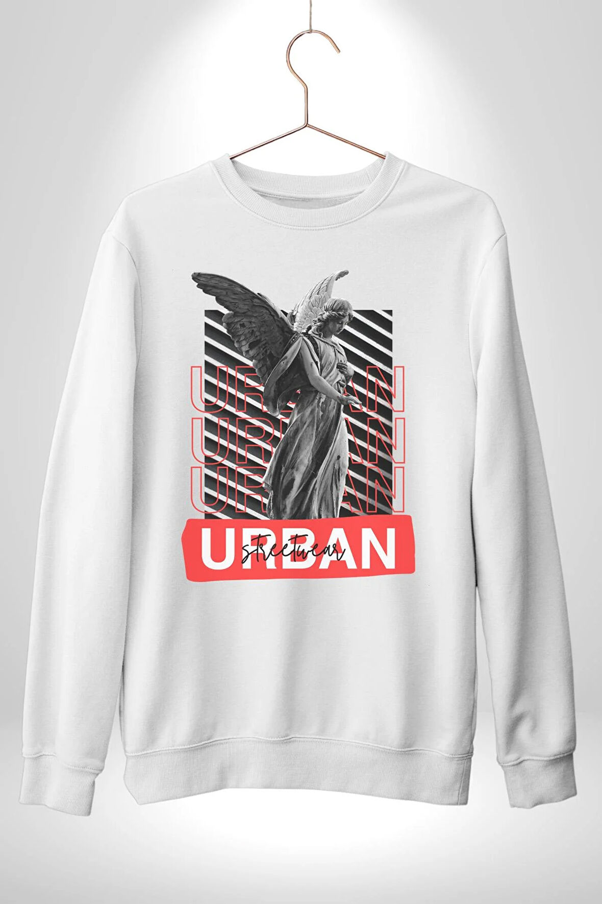 Şehir Sokak Stili Melek Heykeli Kadın Erkek Beyaz Sweatshirt 