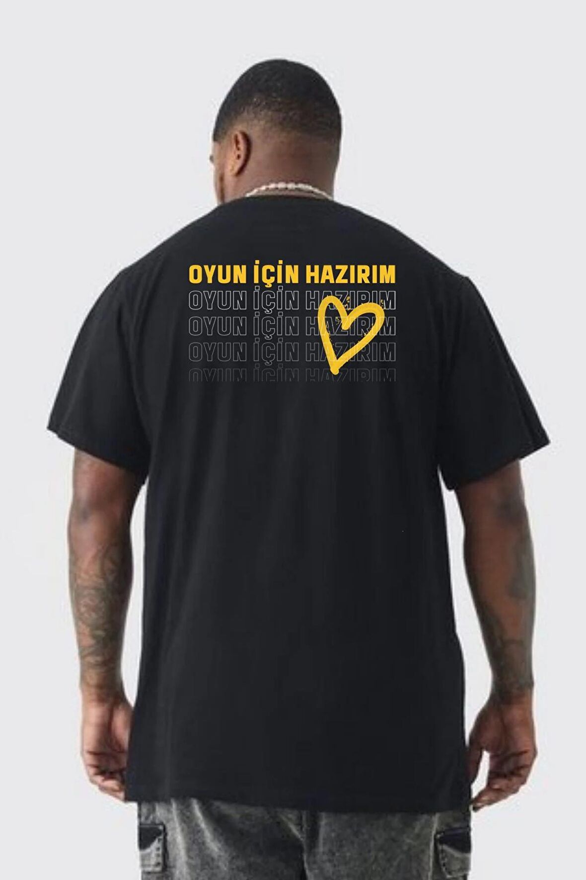 Oyun İçin Hazırım Kalp Büyük Beden Siyah Tişört Kadın Erkek Ünisex Sırt Baskılı