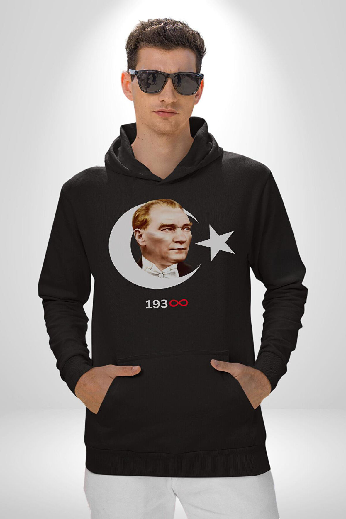 Atatürk Türk Bayrağı Sonsuzluk Kadın Erkek  Siyah Kapüşonlu Sweatshirt Hoodie