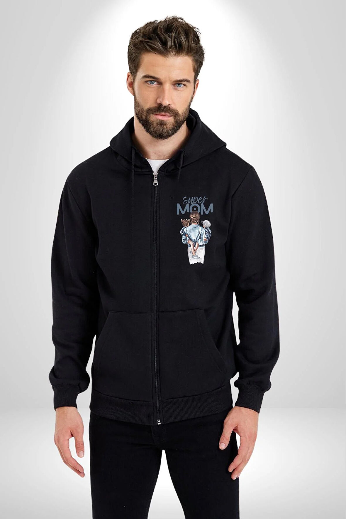 Süper Anne Anneler Günü Doğum Hediyesi Kadın Erkek Siyah Kapüşonlu Fermuarlı Baskılı Hırka Sweatshirt