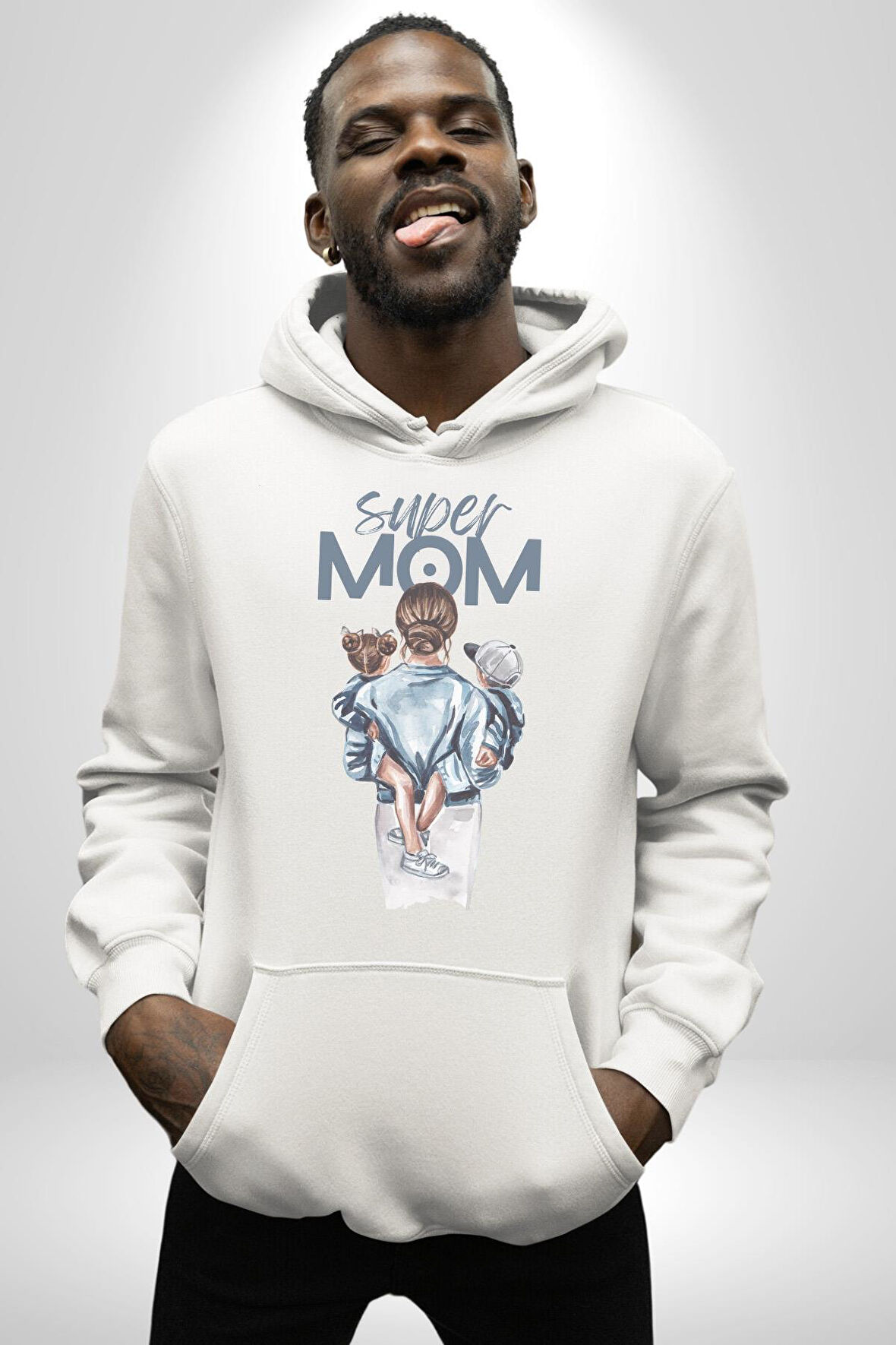 Süper Anne Anneler Günü Doğum Hediyesi Kadın Erkek  Beyaz Kapüşonlu Sweatshirt Hoodie