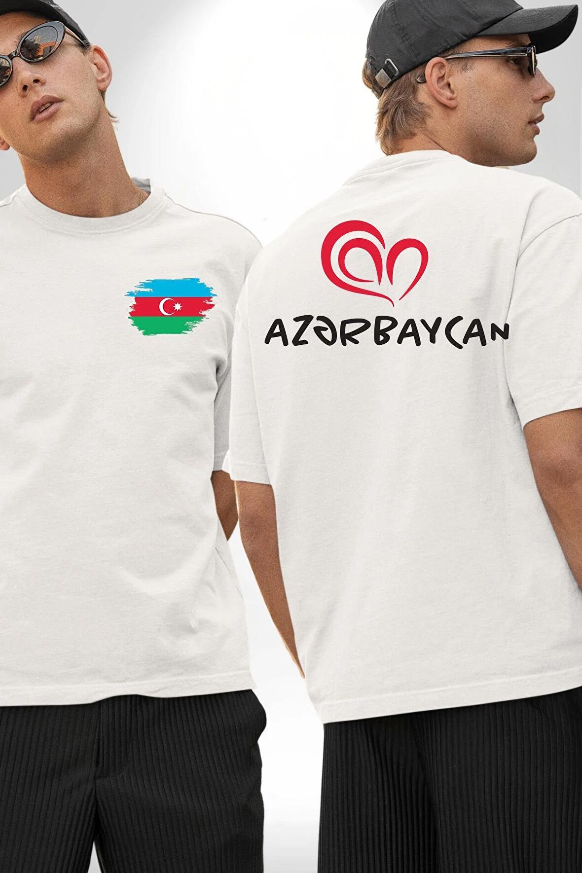 Azerbaycan Seviyorum I love Azarbaycan Beyaz Oversize Kadın Erkek Ön ve Sırt Baskılı Tişört