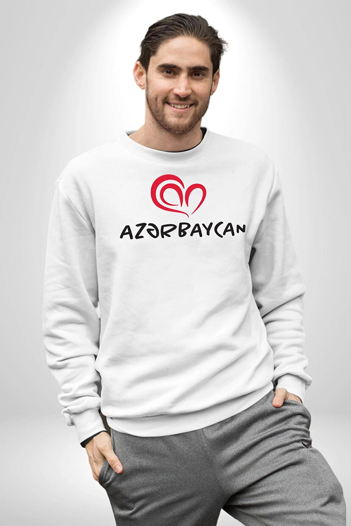 Azerbaycan Seviyorum I love Azarbaycan Kadın Erkek Beyaz Sweatshirt 
