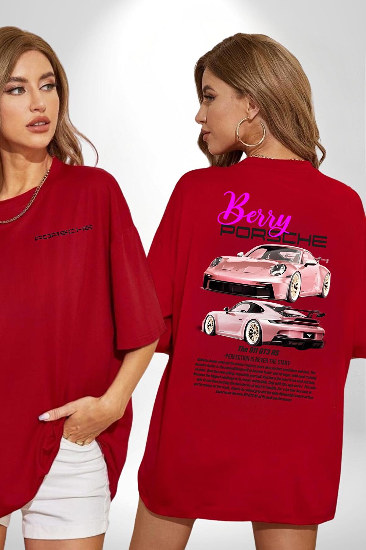 Pembe Porshe Berry The 911 GT3 RS Araba Kırmızı Oversize Kadın Erkek Ön ve Sırt Baskılı Tişört