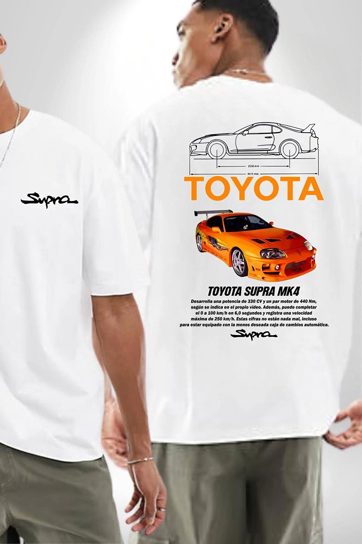 Toyota Supra MK4 Yarış Arabası Beyaz Oversize Kadın Erkek Ön ve Sırt Baskılı Tişört