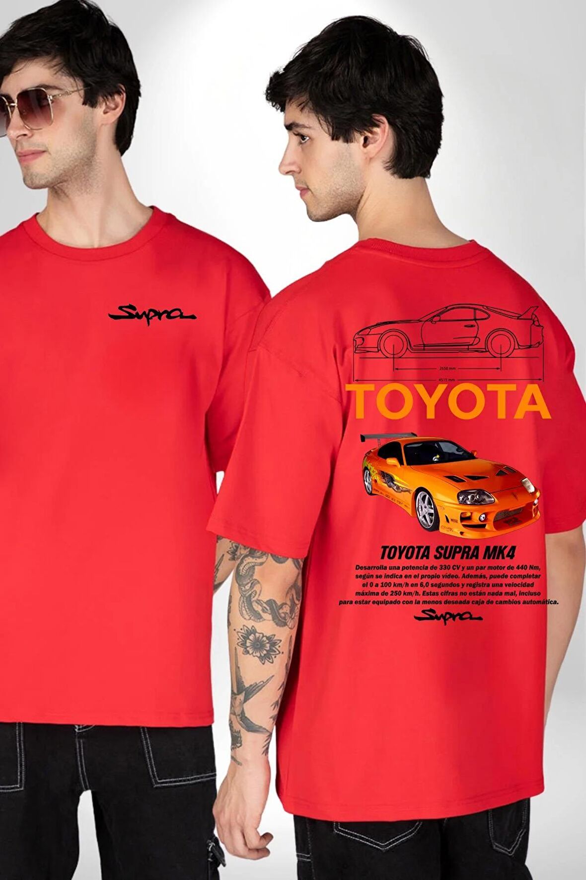 Toyota Supra MK4 Yarış Arabası Kırmızı Oversize Kadın Erkek Ön ve Sırt Baskılı Tişört