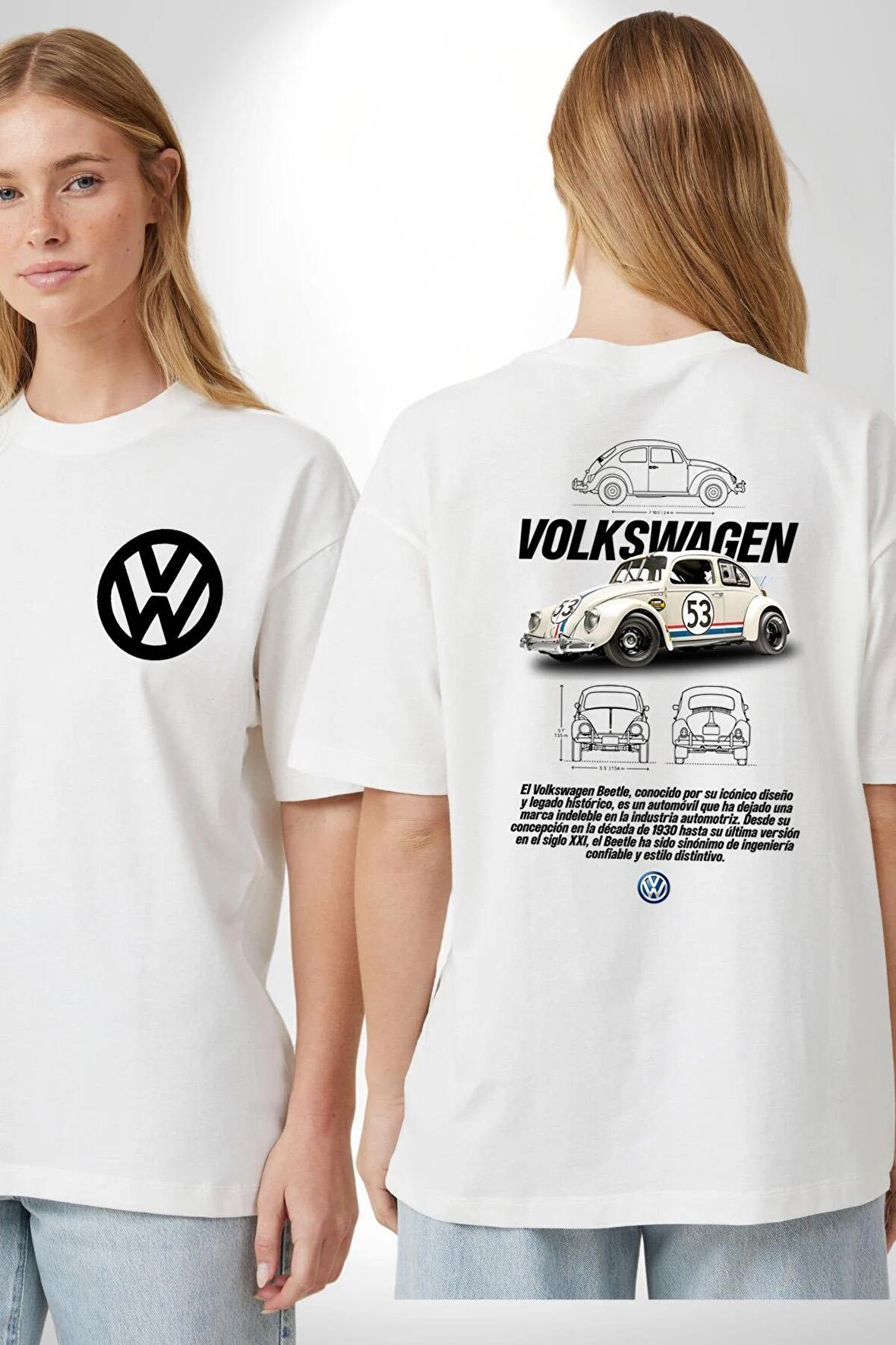 Volkswagen Kaplumbağa 1963 Beetle Araba Herbie Beyaz Oversize Kadın Erkek Ön ve Sırt Baskılı Tişört