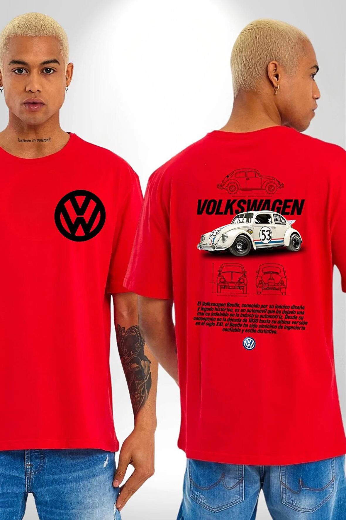 Volkswagen Kaplumbağa 1963 Beetle Araba Herbie Kırmızı Oversize Kadın Erkek Ön ve Sırt Baskılı Tişört