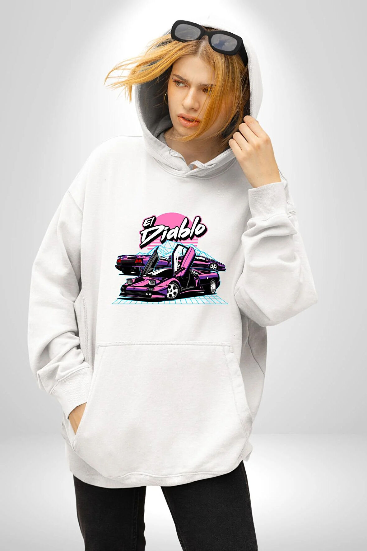 Lamborghini Diablo SV Yarış Ay Dağ Yarışı Kadın Erkek  Beyaz Kapüşonlu Sweatshirt Hoodie