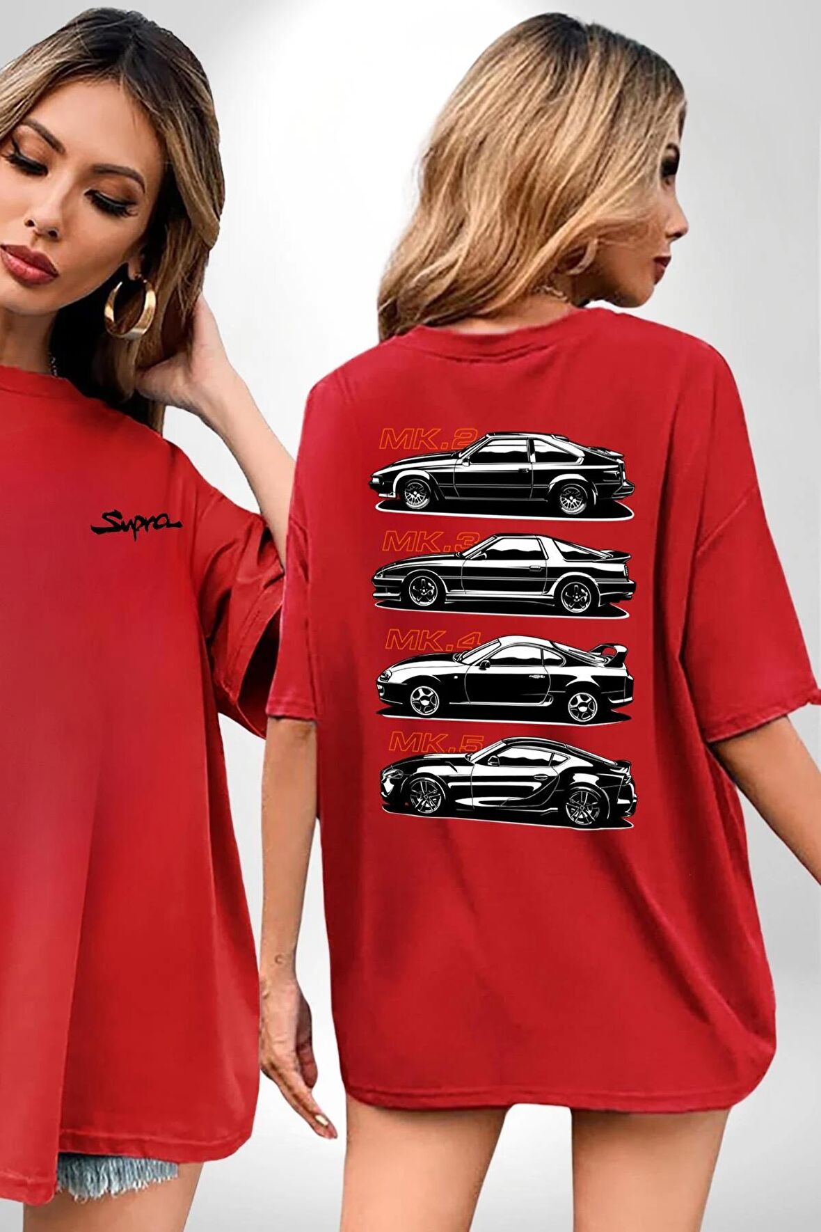 Toyota Supra Mk Serisi Kırmızı Oversize Kadın Erkek Ön ve Sırt Baskılı Tişört