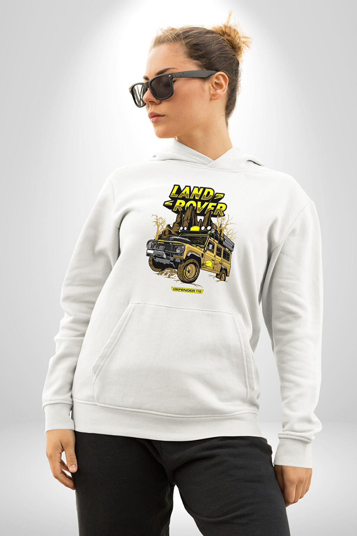 Dağ Kamp Land Rover Defender 110 Kadın Erkek  Beyaz Kapüşonlu Sweatshirt Hoodie