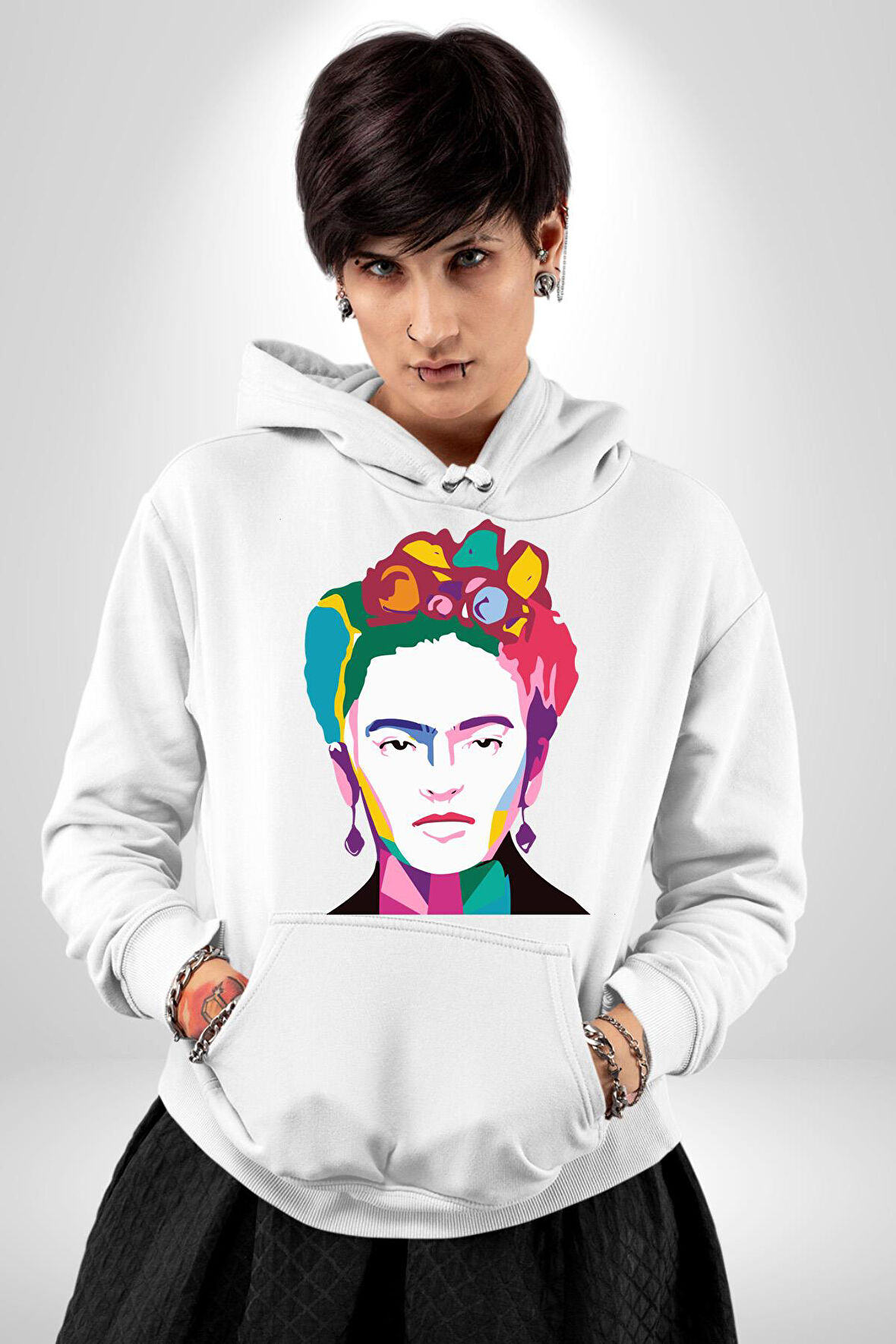 Frida Çiçek Taç Kadın Erkek  Beyaz Kapüşonlu Sweatshirt Hoodie