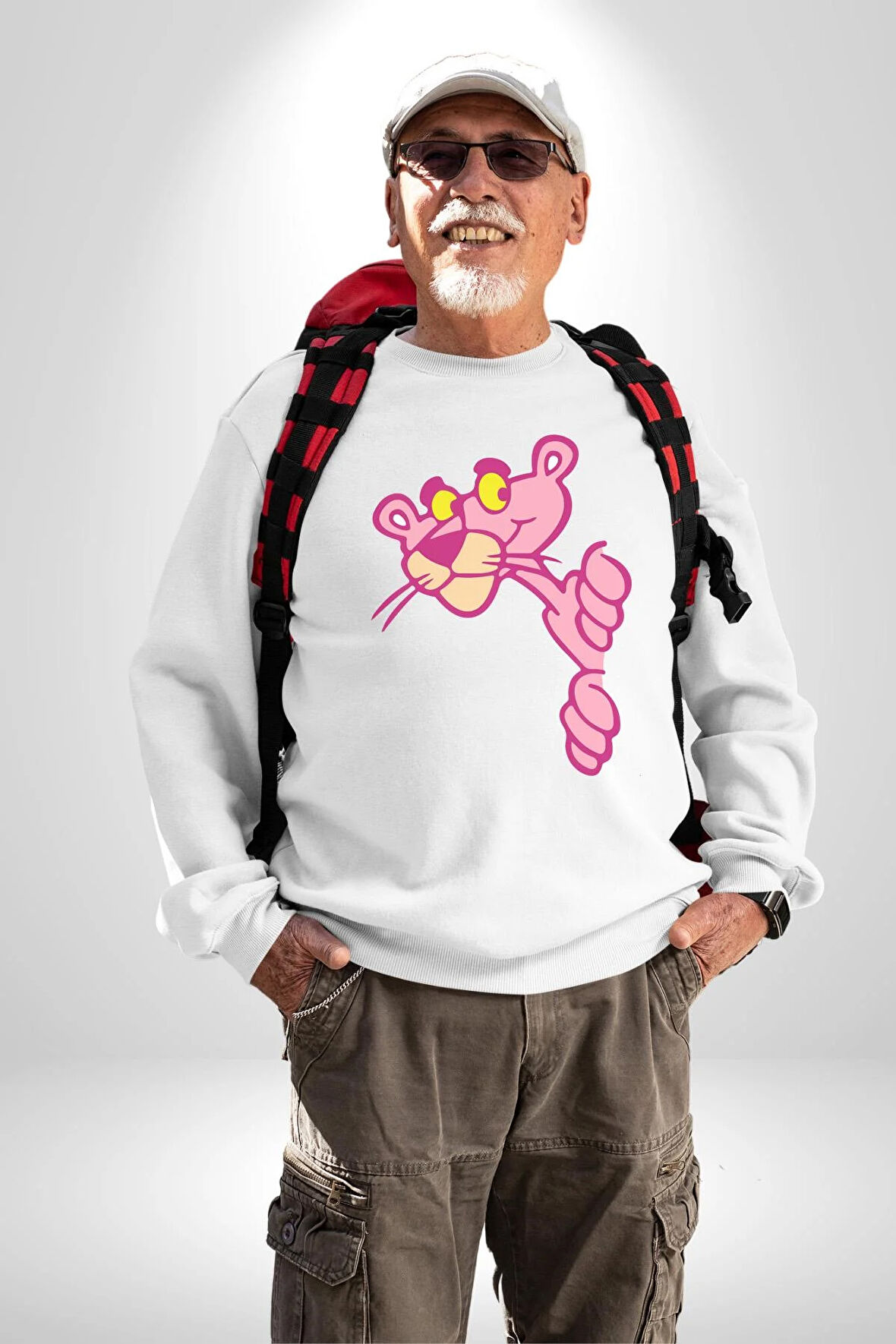 Pembe Panter Animasyon Kadın Erkek Beyaz Sweatshirt 