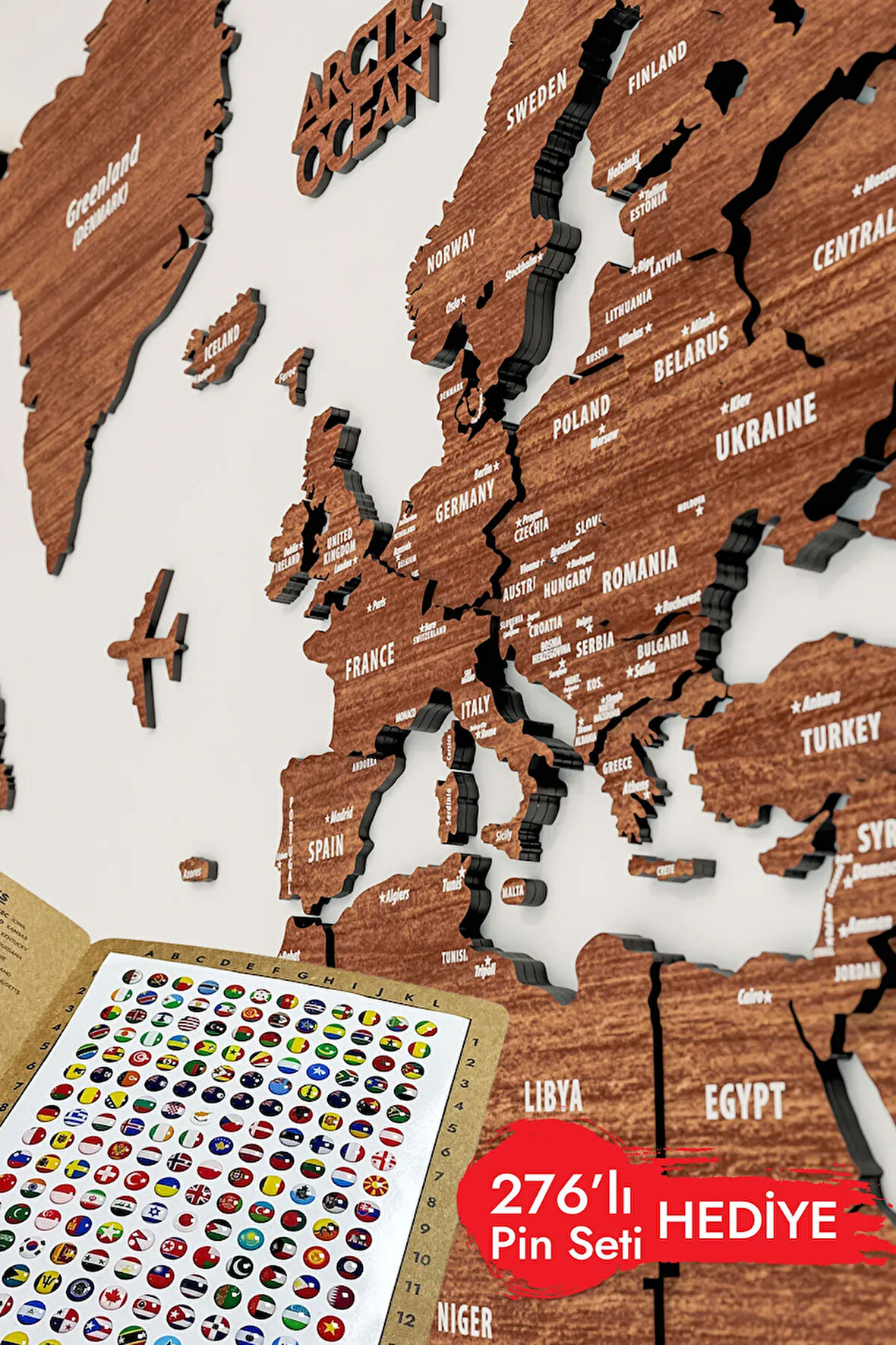 3d Ahşap İngilizce Dünya Haritası - 100x50 cm