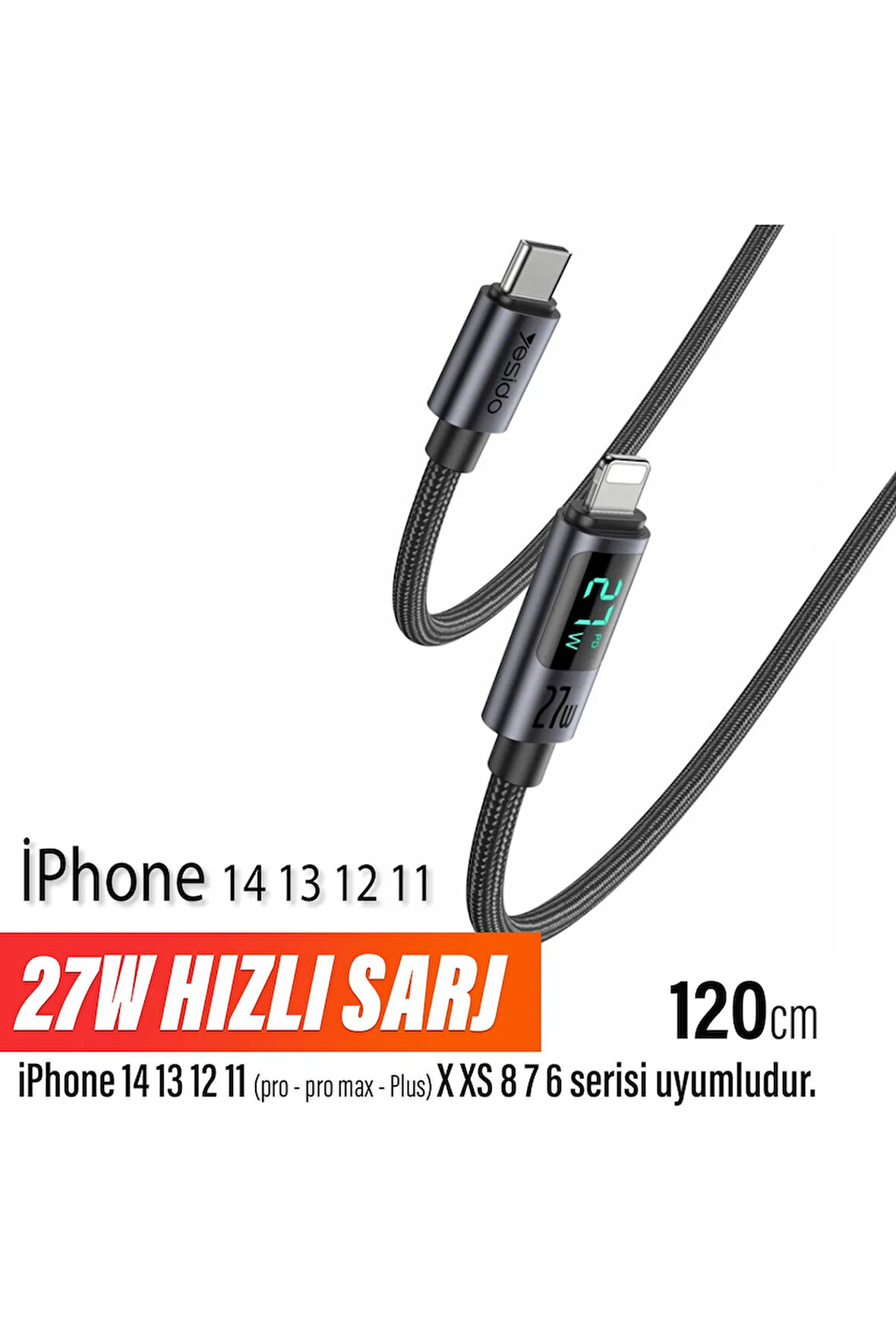 iPhone Lightning Hızlı Şarj Kablosu iPhone 14 13 12 11 Uyumlu Hızlı 27W Led Göstergeli 120cm