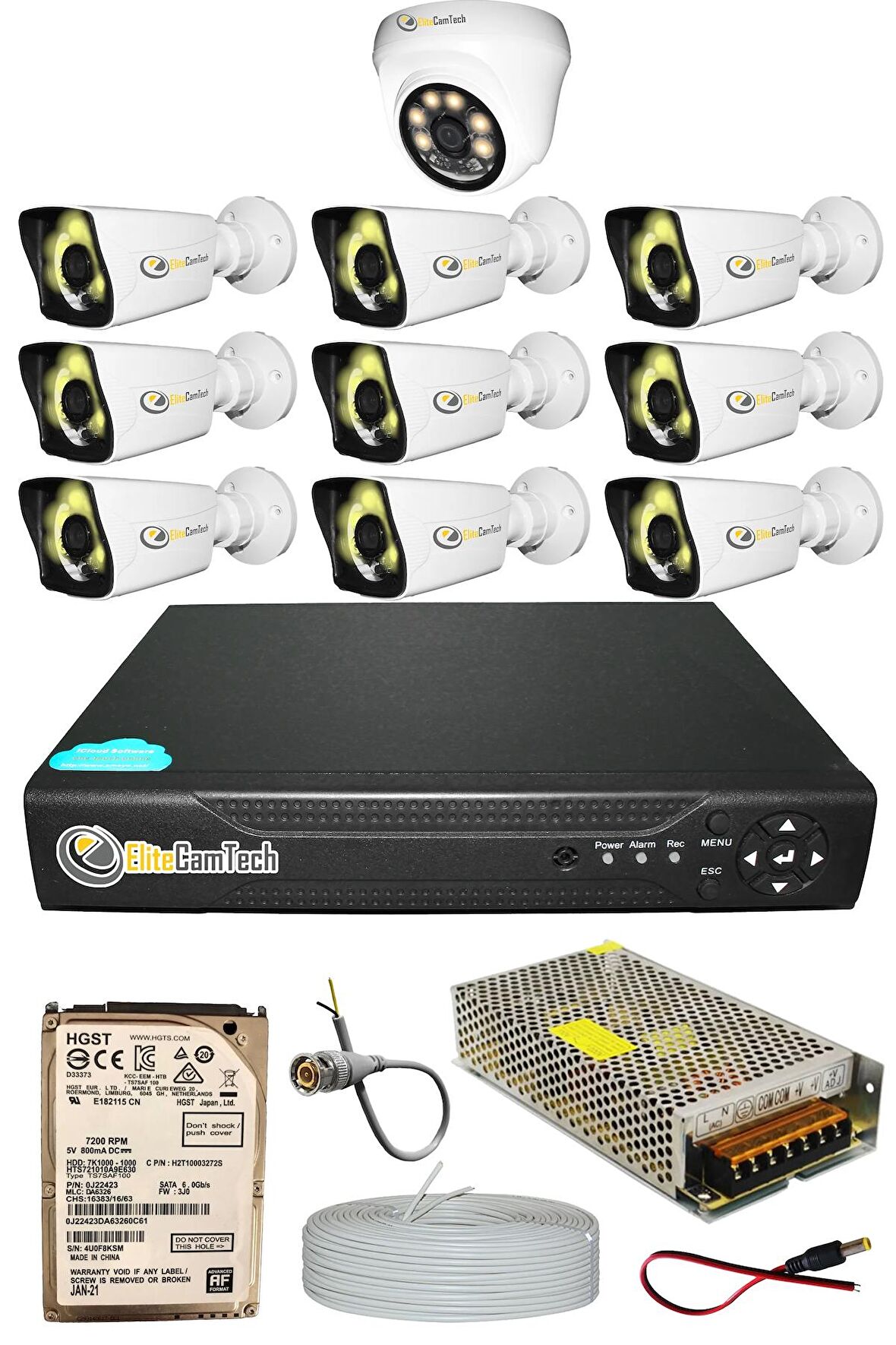 EliteCamTech Pro 10 Kameralı 9 Bullet 1 Dome Full HD Sony Lensli Kamera Gece Renkli Görüşlü 250 GB Kamera Seti