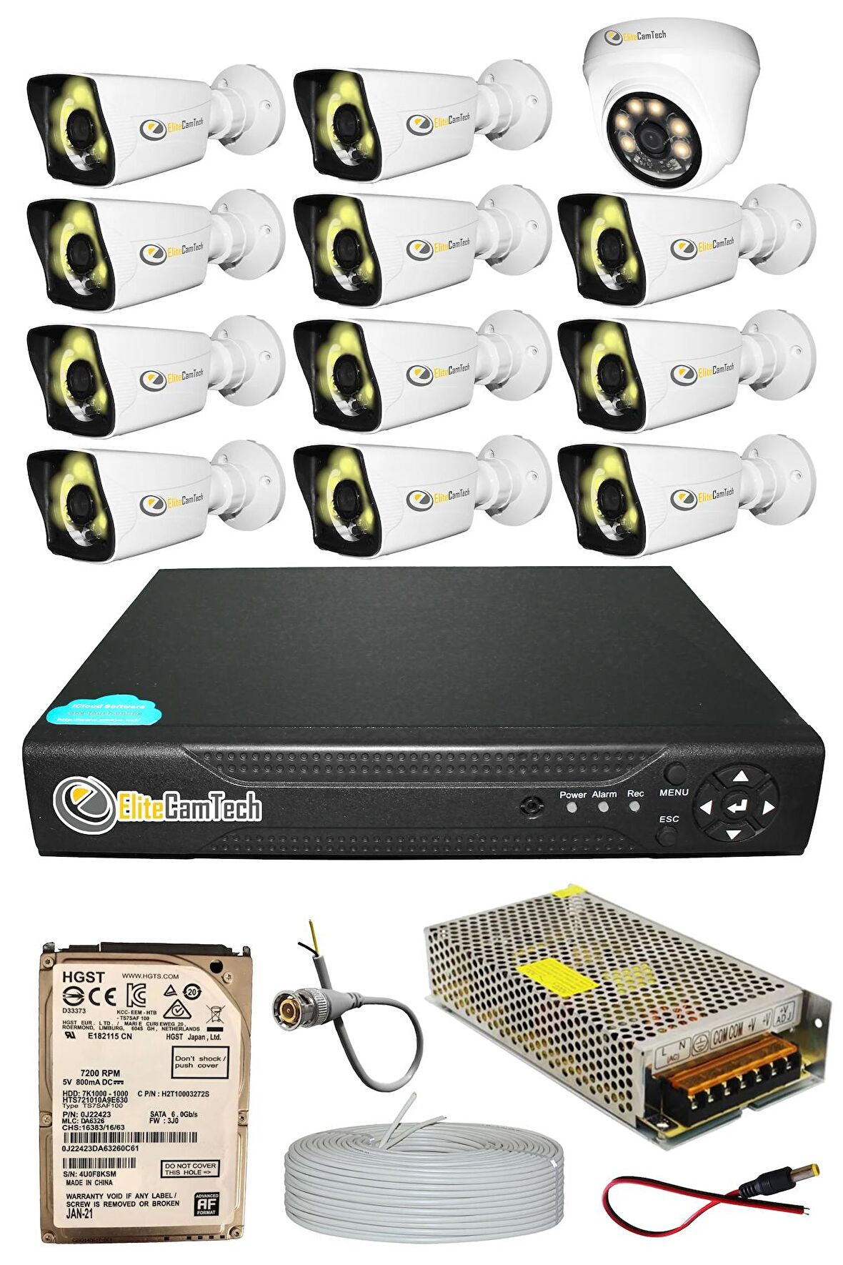 EliteCamTech Pro 12 Kameralı 11 Bullet 1 Dome Full HD Sony Lensli Kamera Gece Renkli Görüşlü 320 GB Kamera Seti
