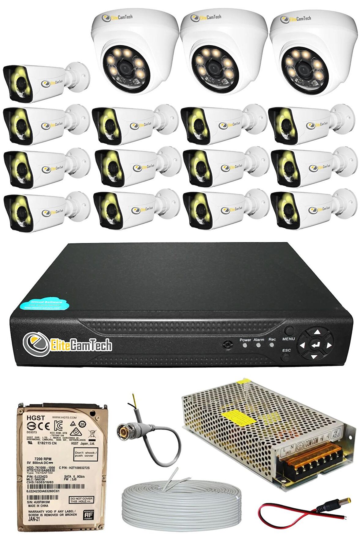 EliteCamTech Pro 16 Kameralı 13 Bullet 3 Dome Full HD Sony Lensli Kamera Gece Renkli Görüşlü 1 TB Kamera Seti