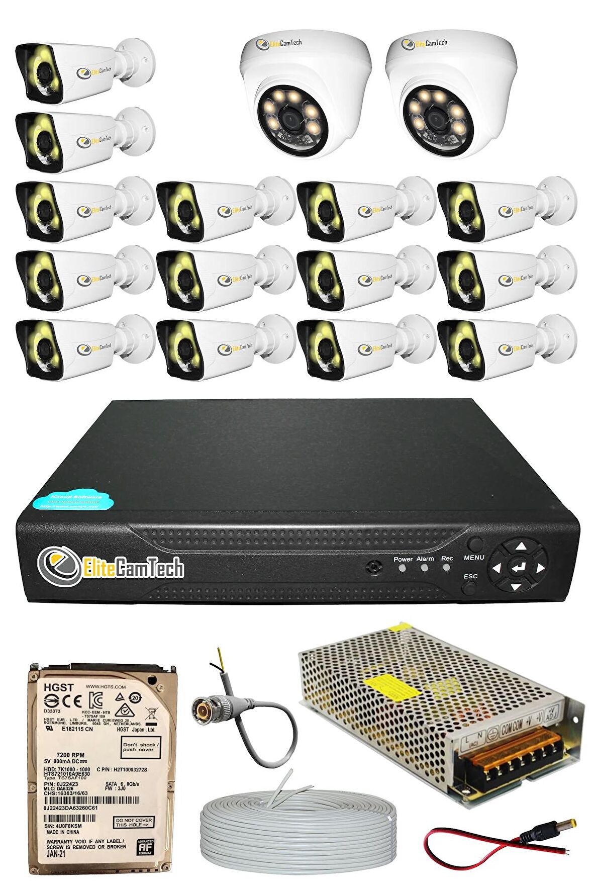 EliteCamTech Pro 16 Kameralı 14 Bullet 2 Dome Full HD Sony Lensli Kamera Gece Renkli Görüşlü 2 TB Kamera Seti