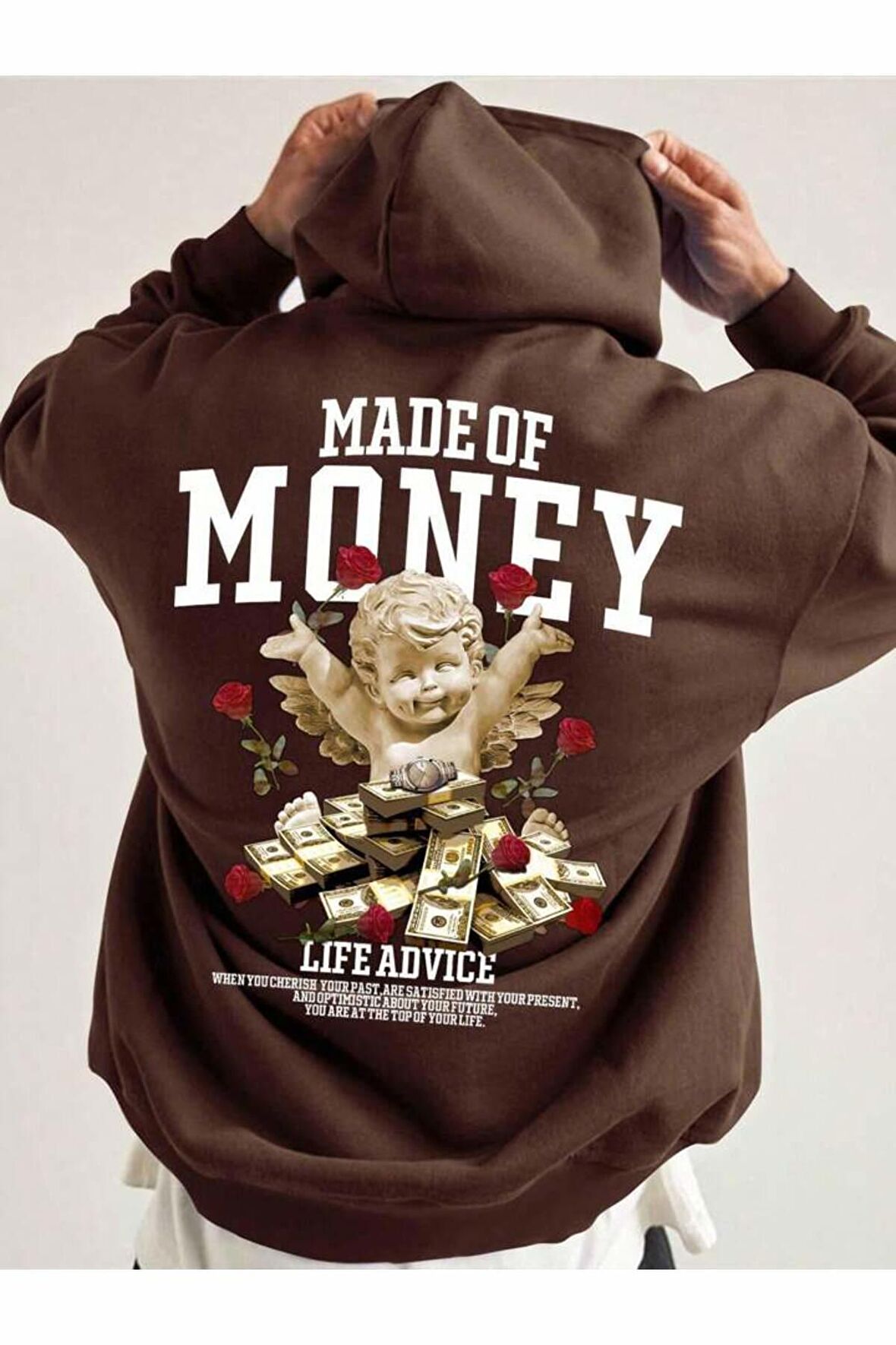 Unisex Money Baskılı Kapüşonlu Kahverengi Sweatshirt