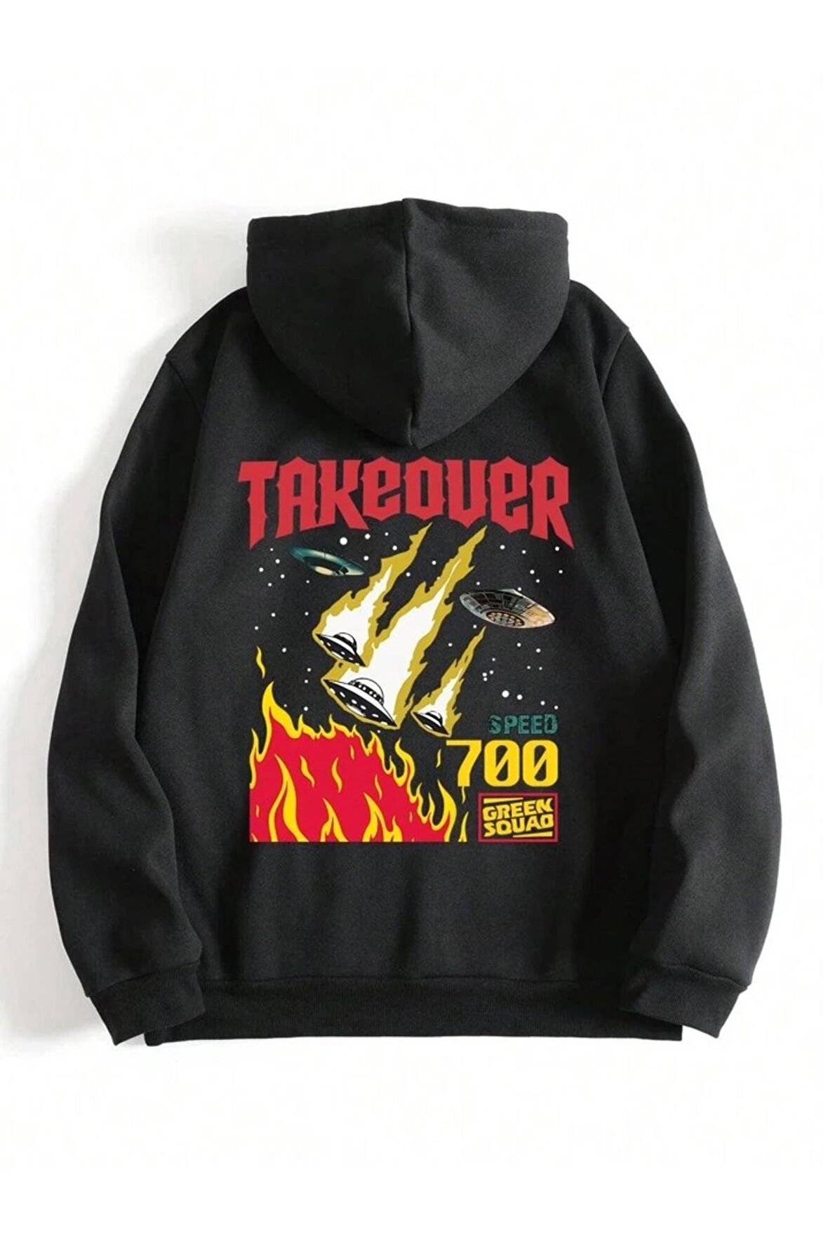 Unisex Takeover Baskılı Kapüşonlu Siyah Sweatshirt