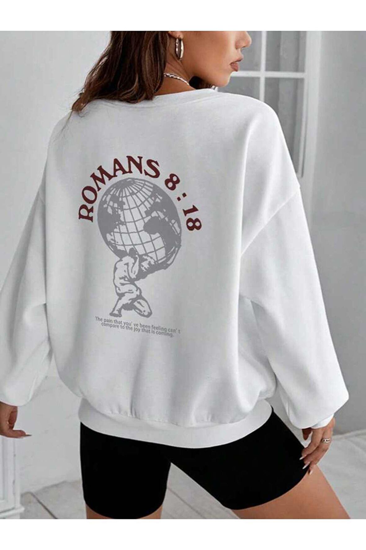 Unisex Romans Baskılı Beyaz Bisiklet Yaka Sweatshirt