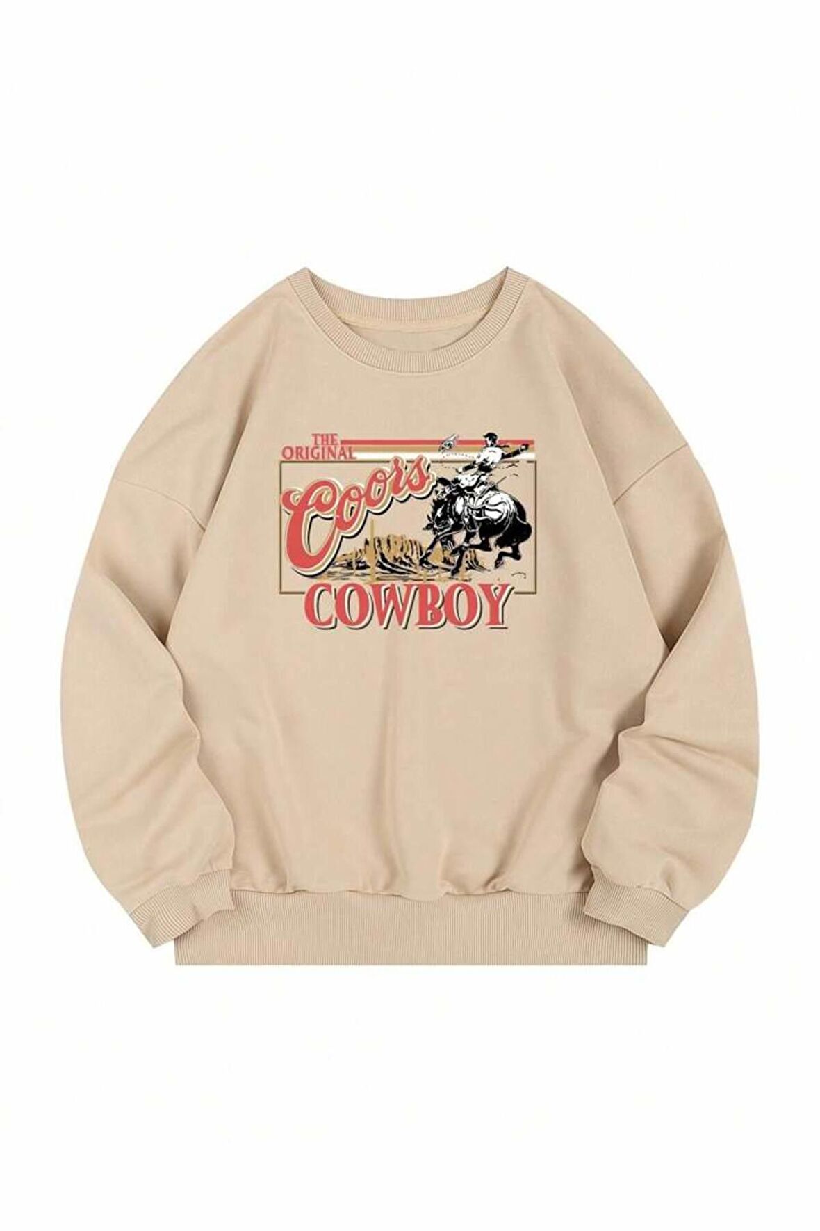 Unisex Cowboy Baskılı Bej Bisiklet Yaka Sweatshirt
