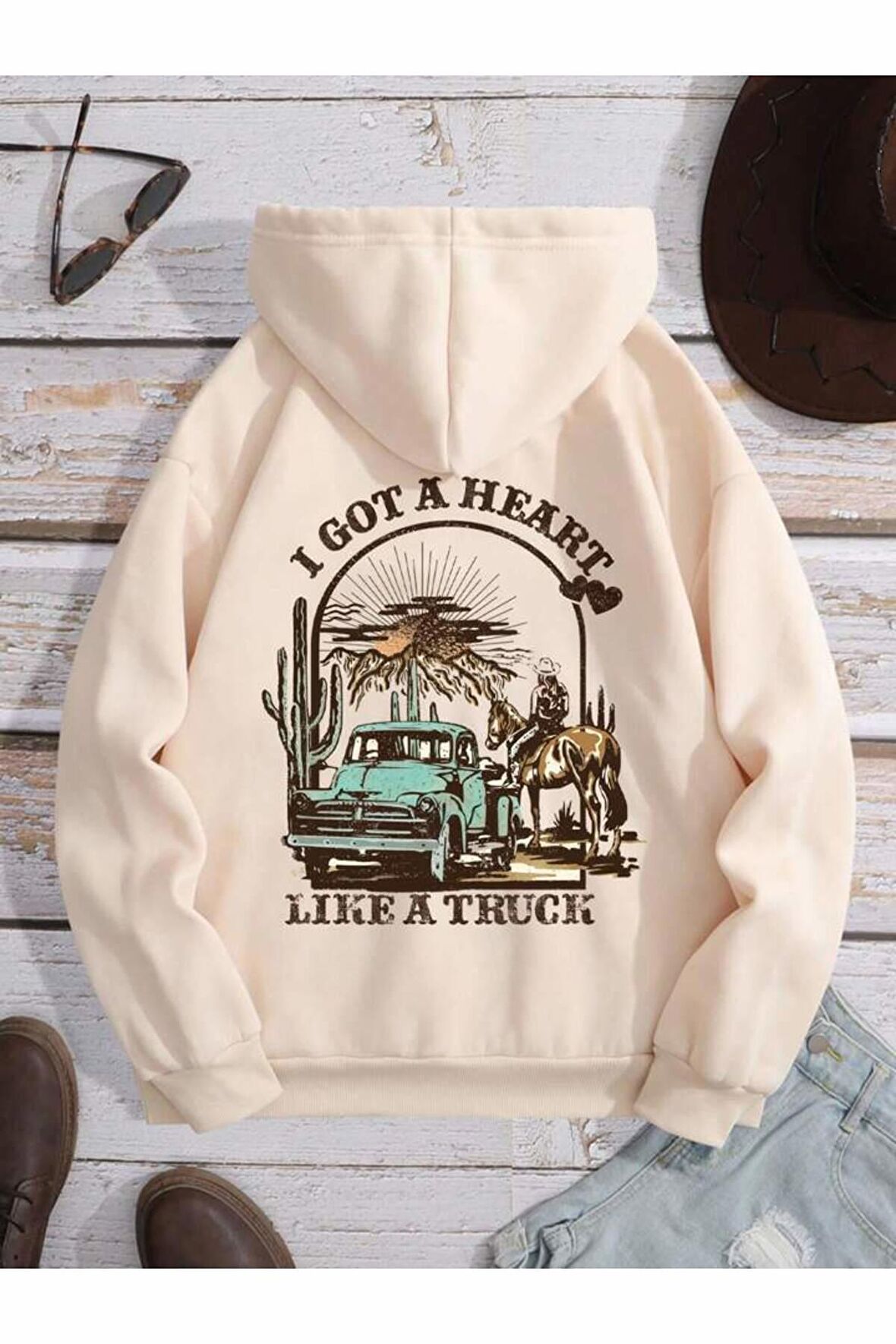 Unisex Like a Truck Baskılı Kapüşonlu Bej Sweatshirt