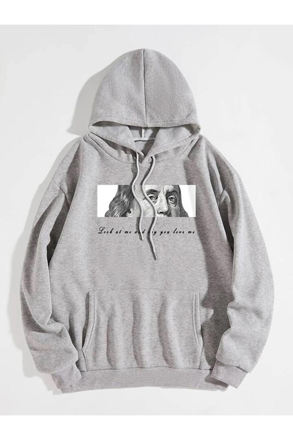 Unisex Say You Love Me Baskılı Kapüşonlu Gri Sweatshirt