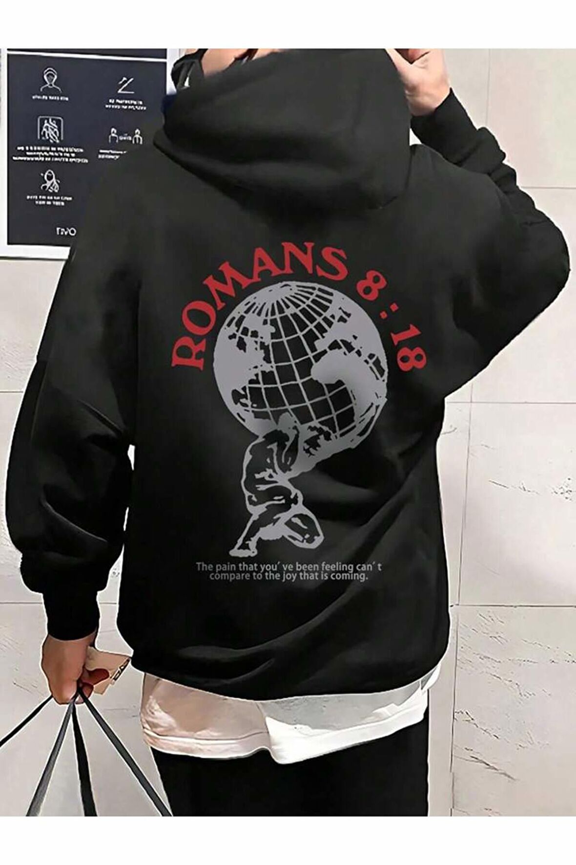 Unisex Romans Baskılı Kapüşonlu Siyah Sweatshirt