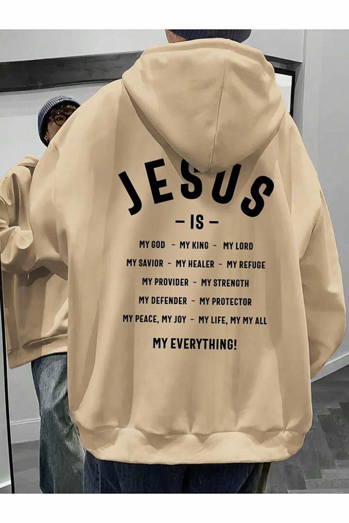 Unisex Jesus Baskılı Kapüşonlu Bej Sweatshirt