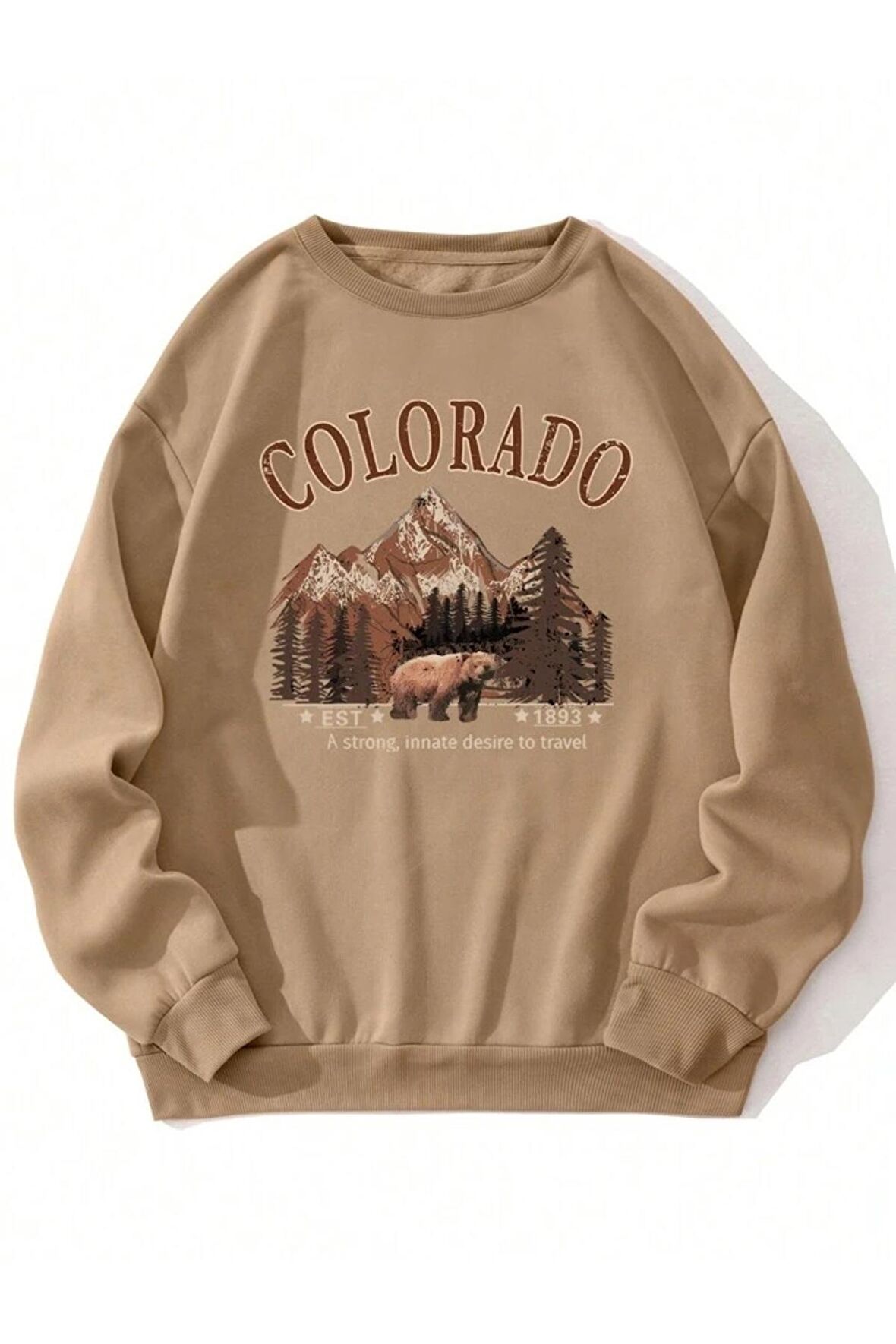Unisex Colorado Baskılı Bej Bisiklet Yaka Sweatshirt