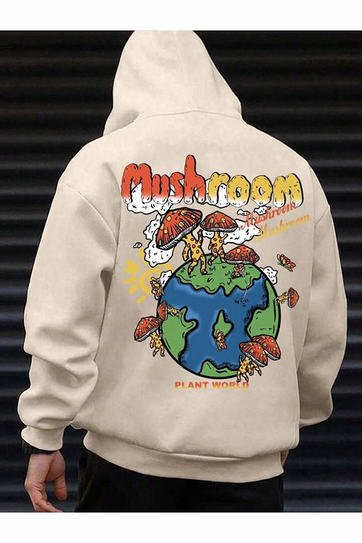 Unisex Mushroom Baskılı Kapüşonlu Krem Sweatshirt