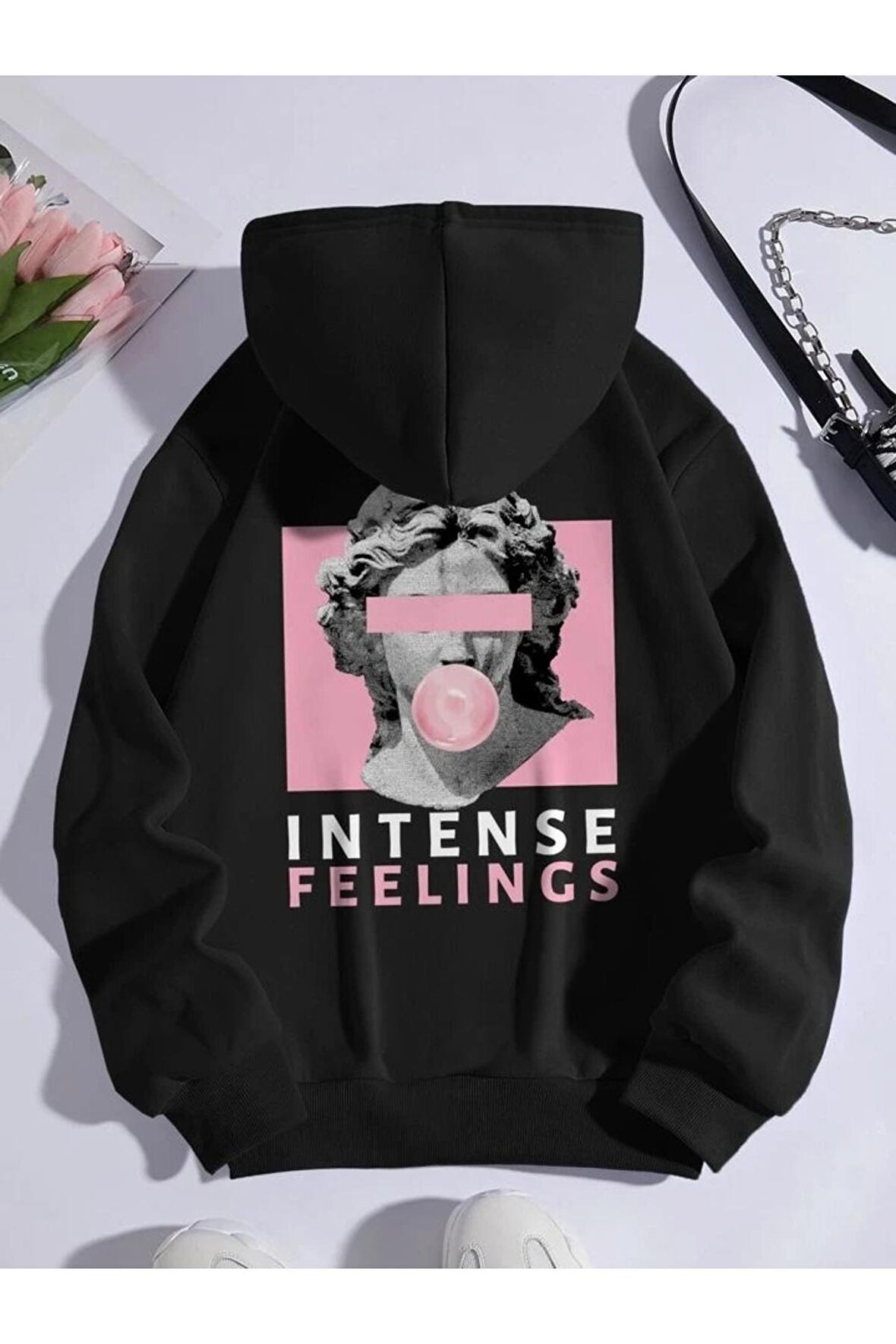 Unisex Intense Feeling Baskılı Kapüşonlu Siyah Sweatshirt